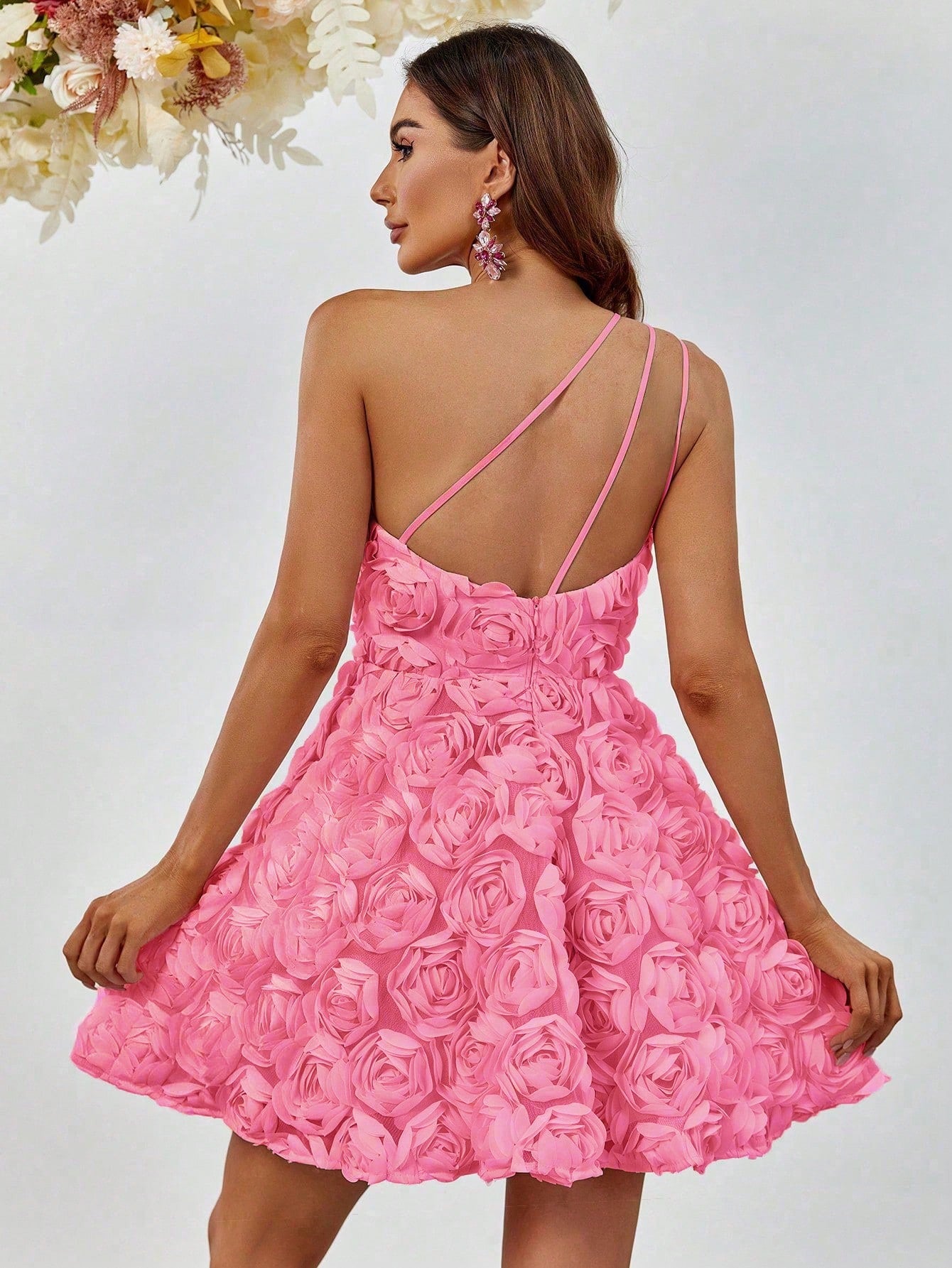 One Shoulder Sleeveless 3D Flower Party Mini Dresses