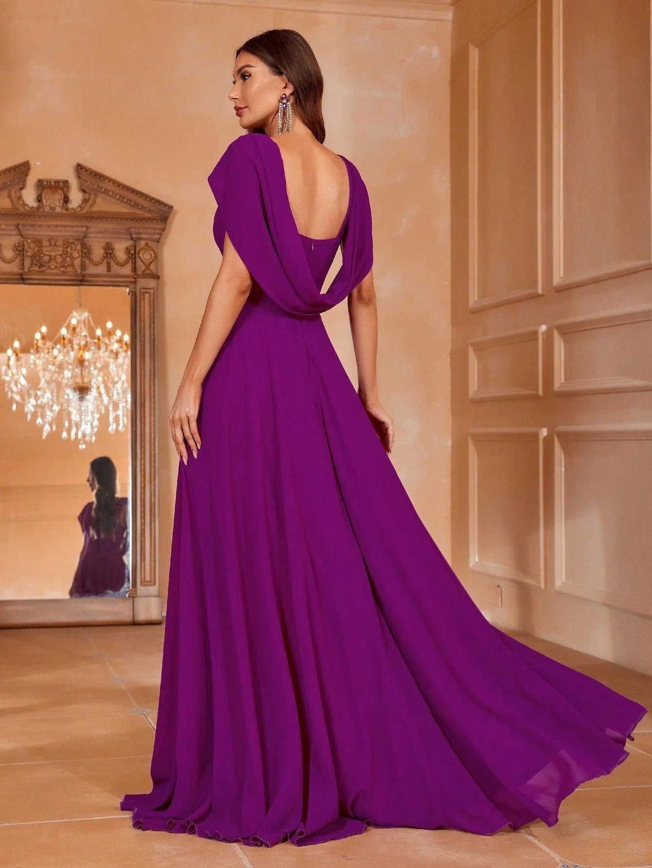 Solid V Neck Draped Back Chiffon A Line Dress