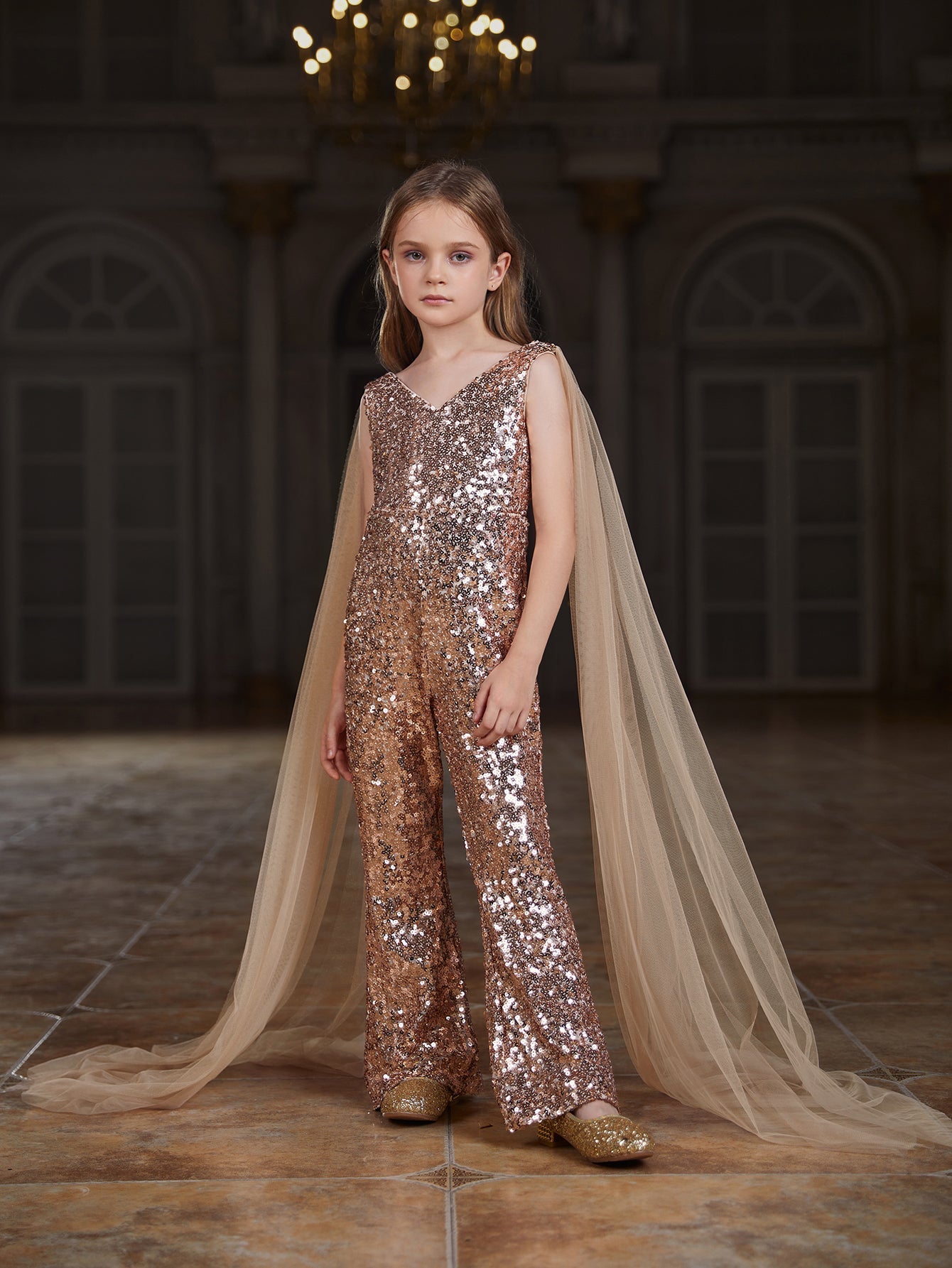 Girl's V Neck Mesh Cloak Sleeve Sequin Jumpsuit