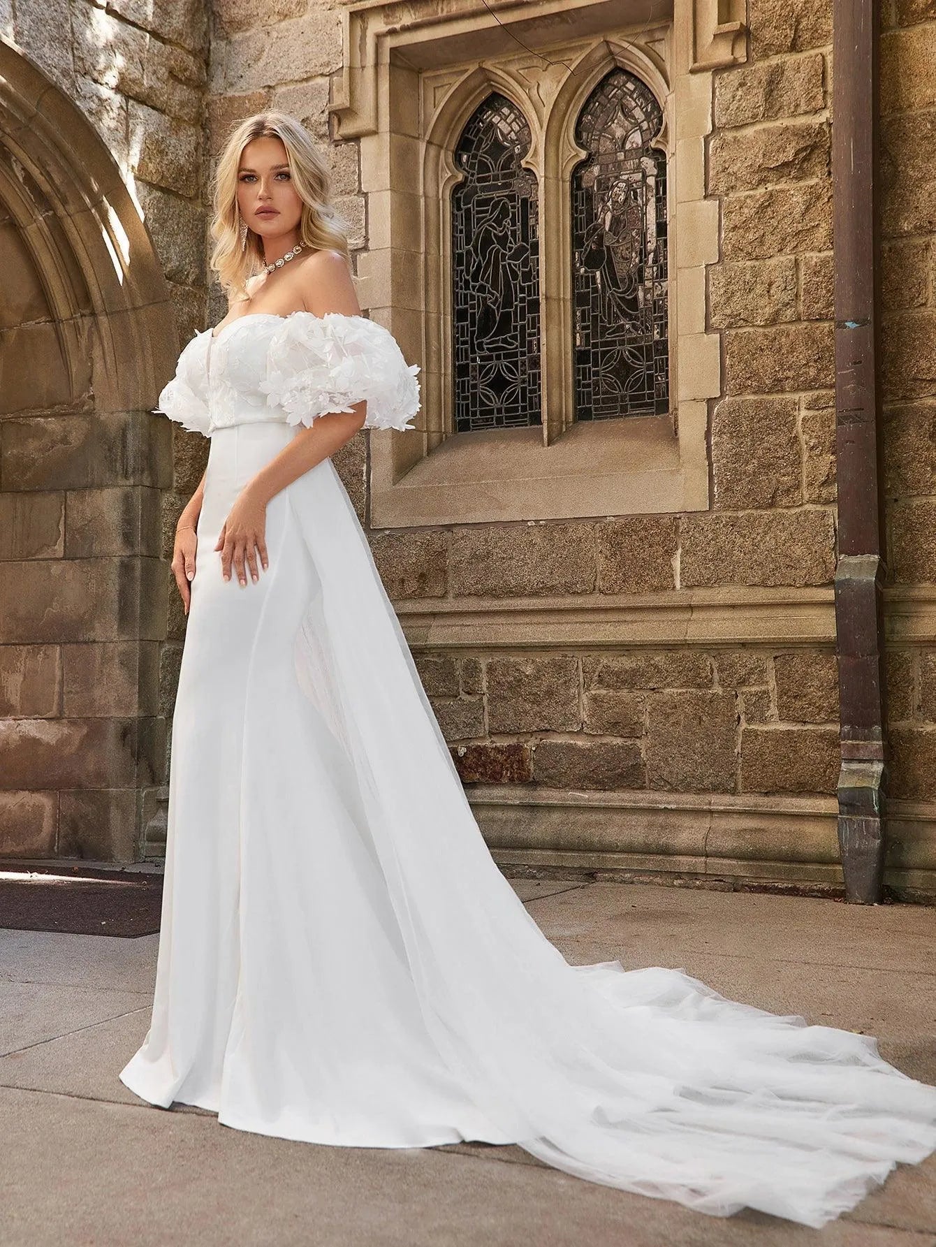 Off Shoulder Puff Sleeves Mesh Overlay Wedding Dress