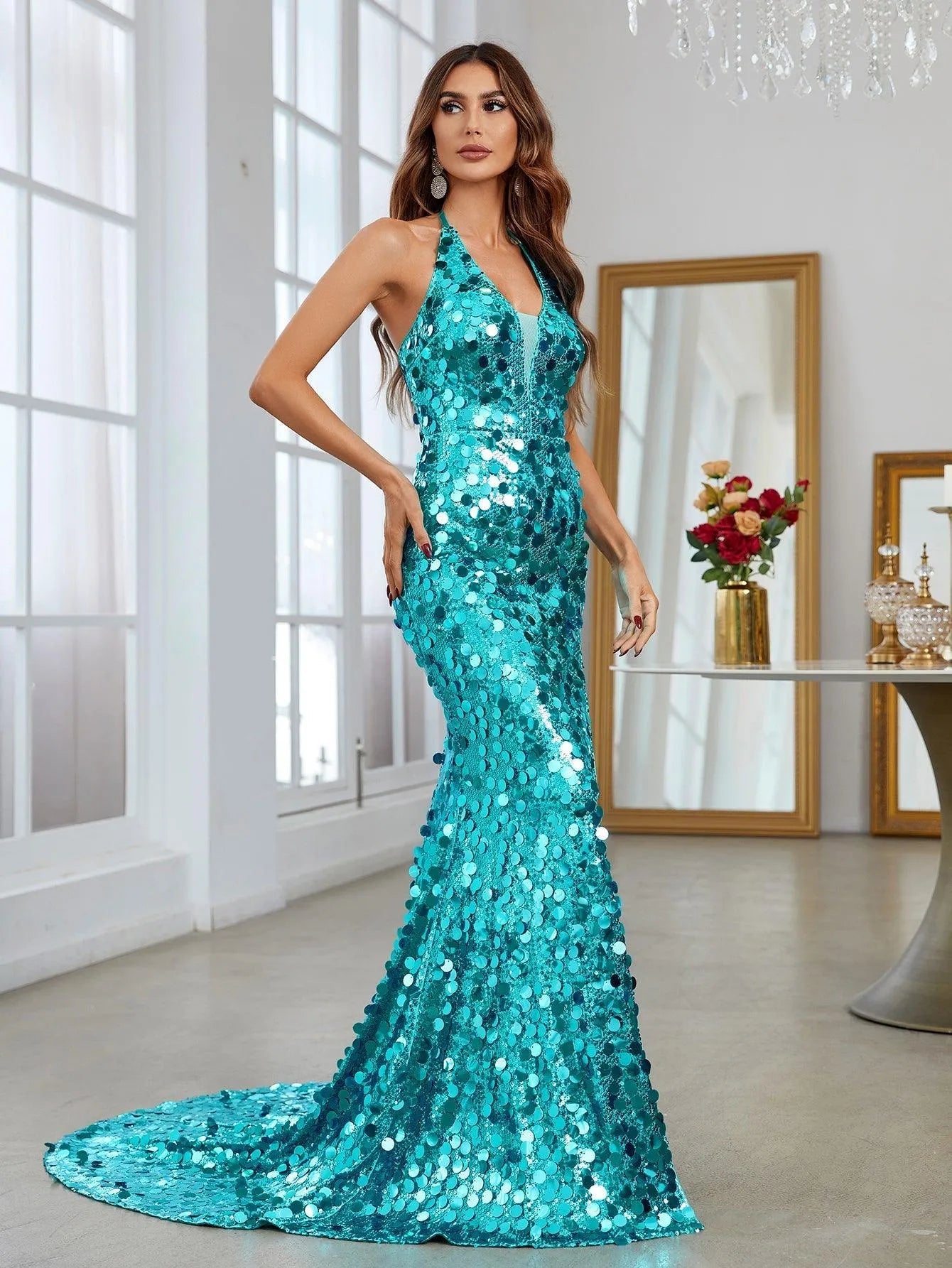 Halter Neck Split Thigh Sequin Mermaid Dress