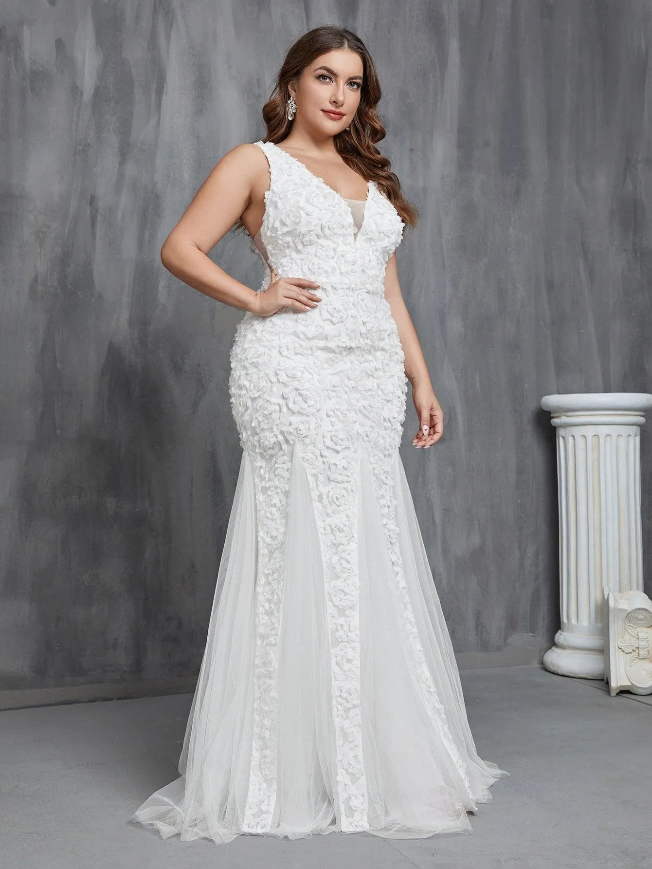 Plus Plunging Neck Mermaid Hem Wedding Dress