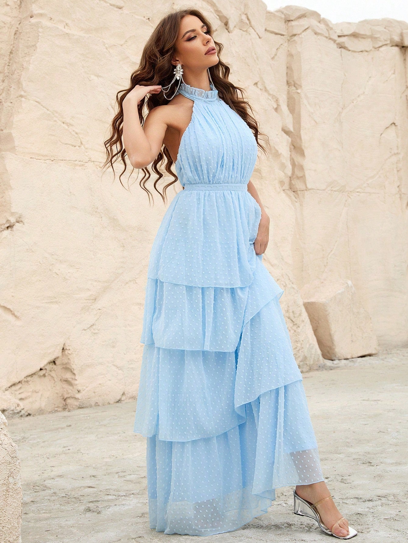 Halter Backless Chiffon Dress With Layered Ruffle Hem