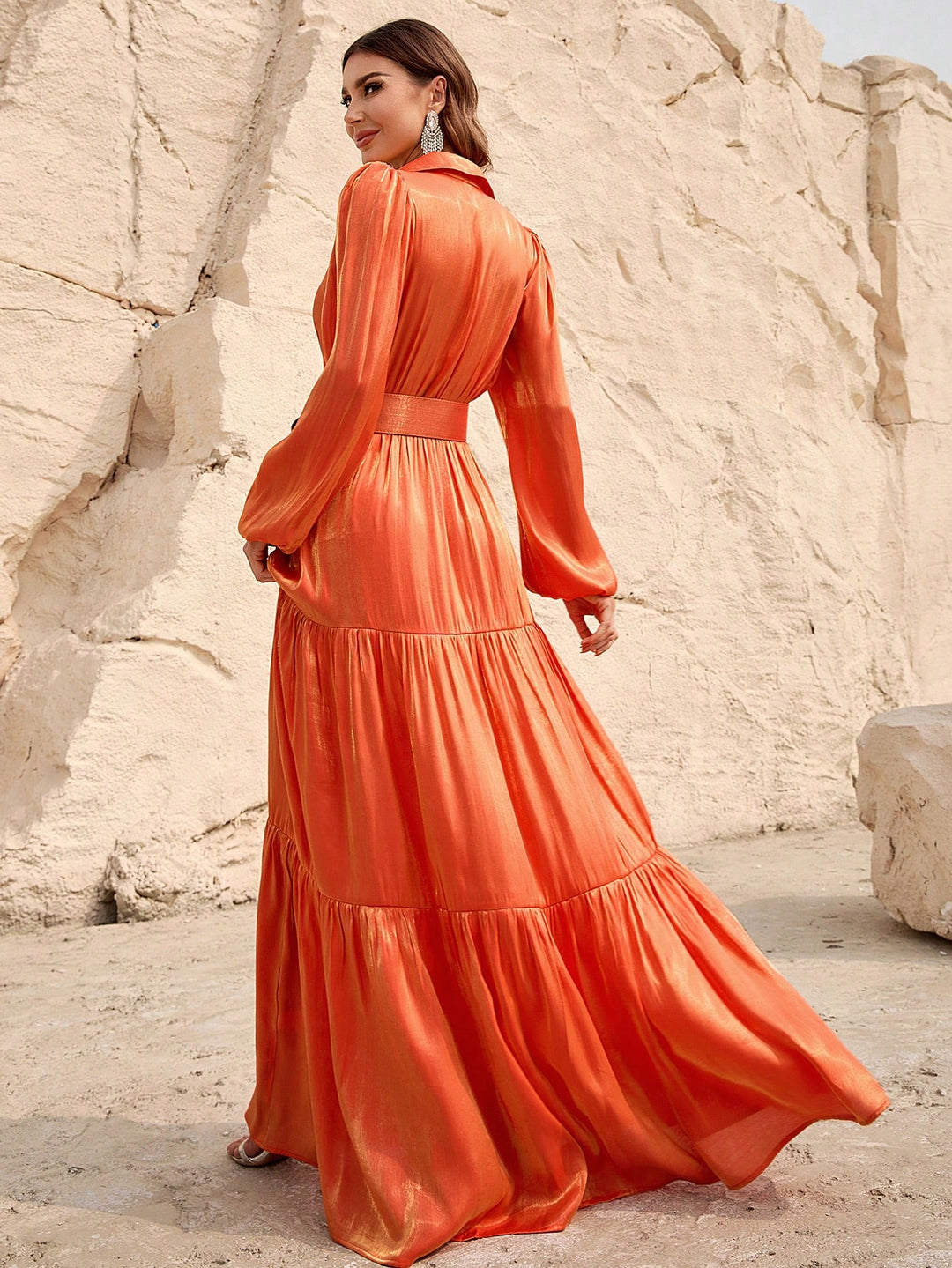 Elegant Lantern Sleeve Ruffle Hem Belted Chiffon Dress