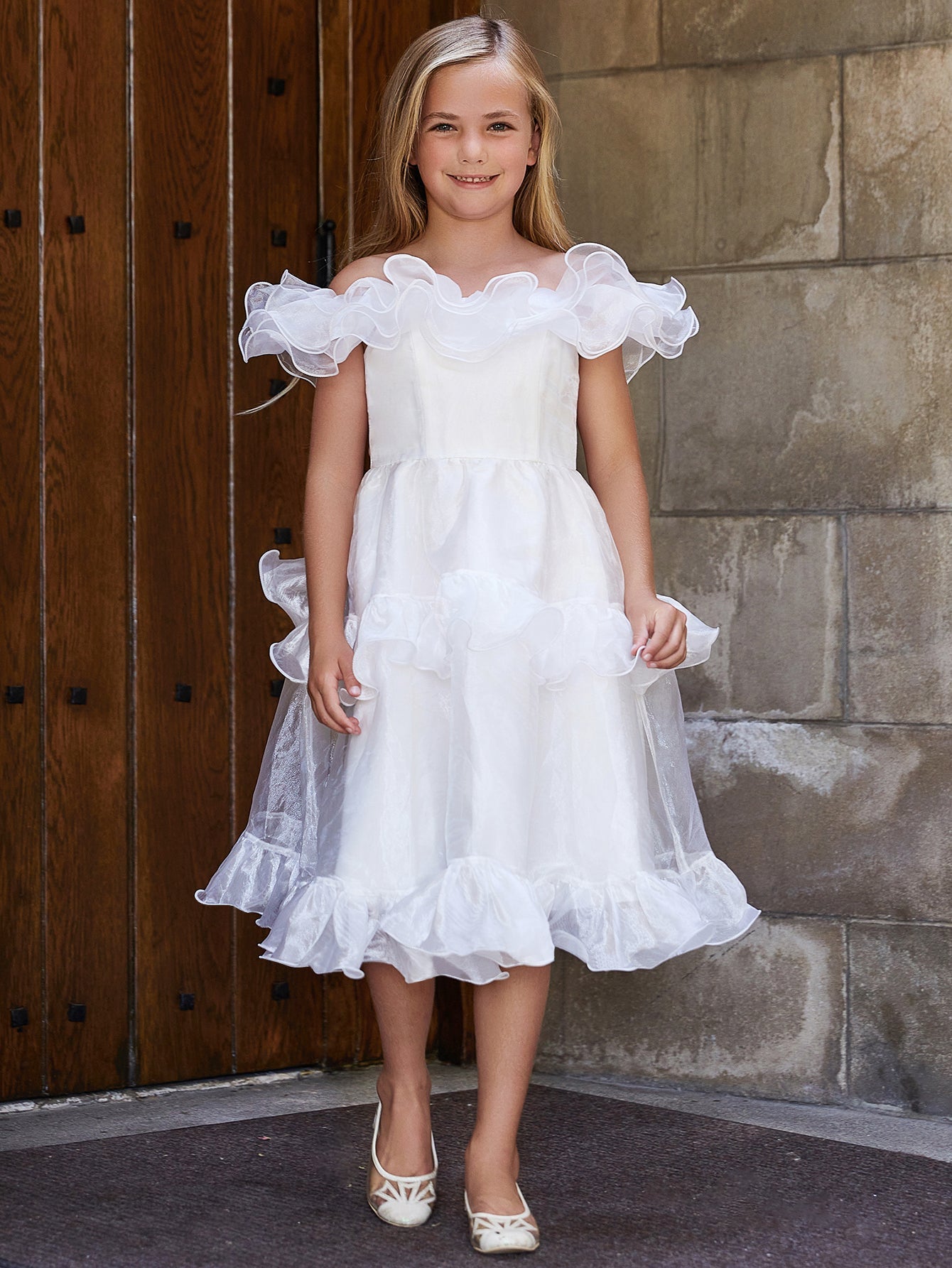 Girl's Ruffle Trim Organza Overlay Party Dress