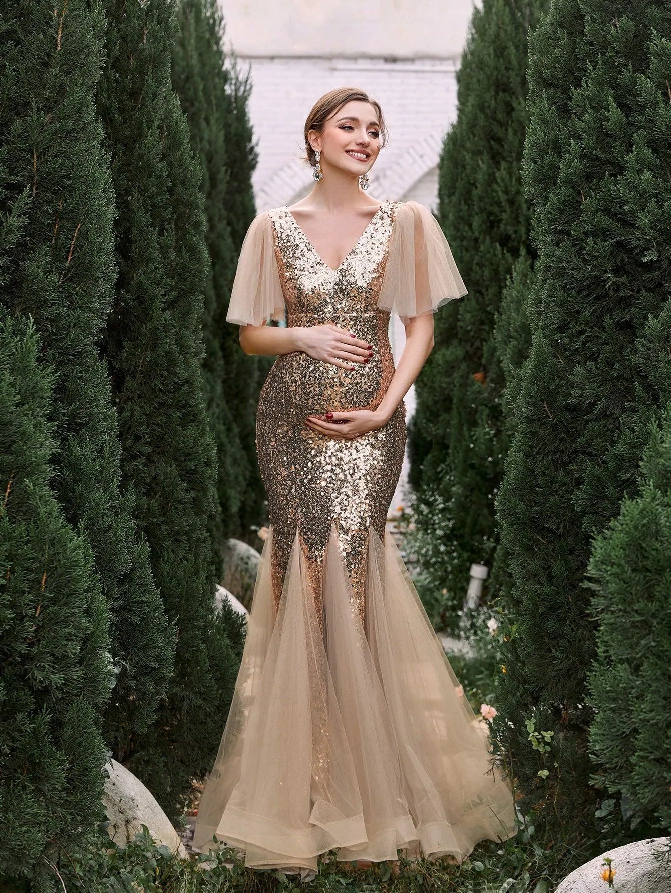 Maternity V Neck Butterfly Sleeves Sequin Mermaid Party Dress