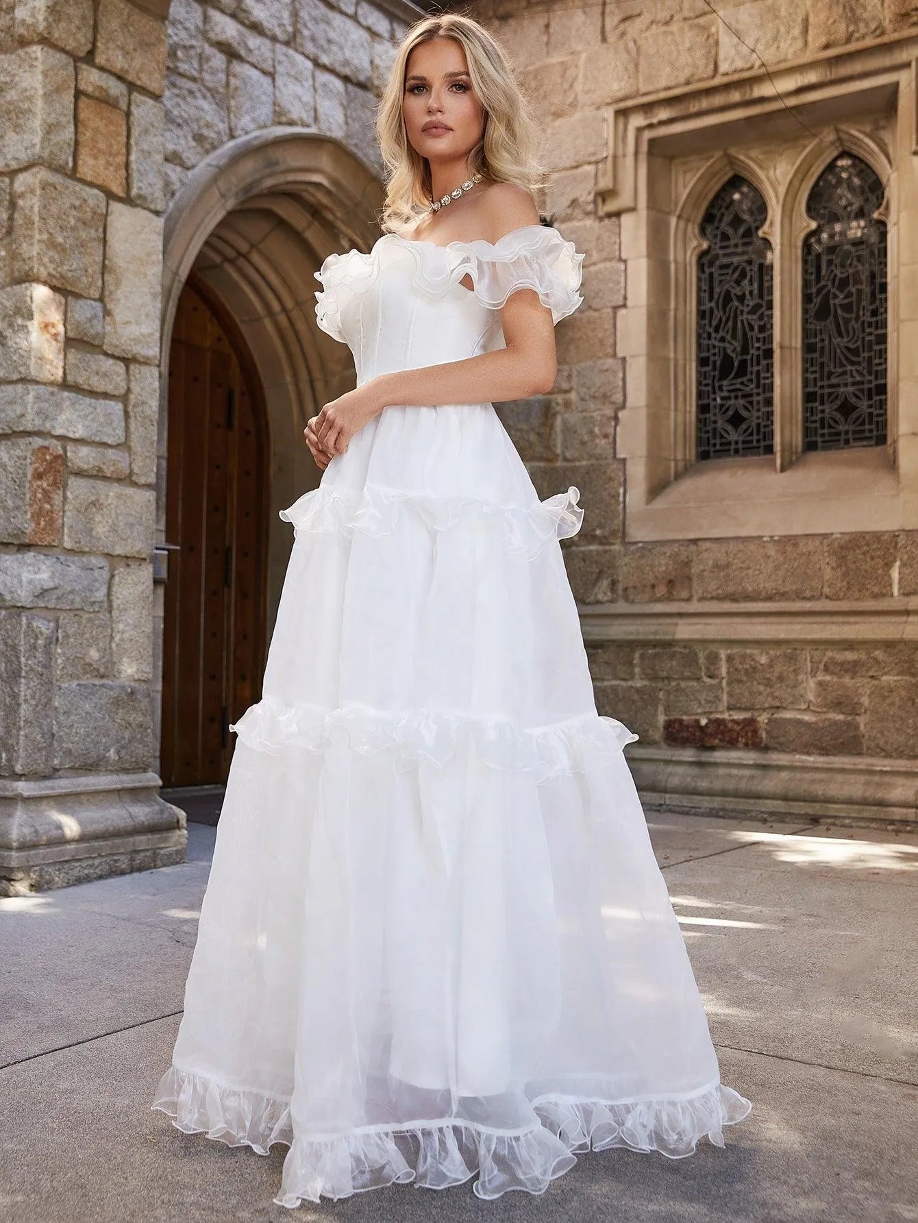 Off Shoulder Ruffle Trim Layered Hem Wedding Dress