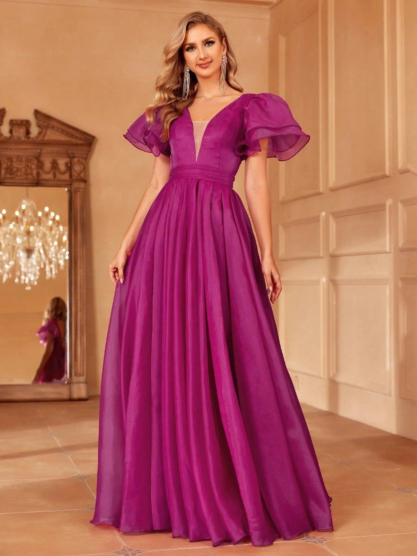 Backless Layered Sleeves Organza Prom Dress