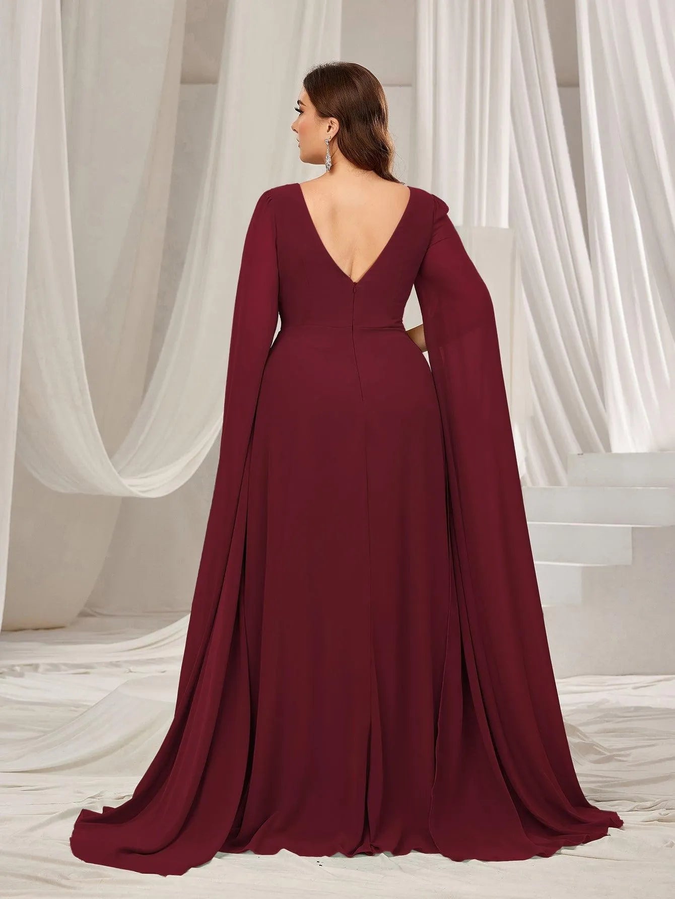 Plus Solid Ruched Front Extra-Long Sleeves Chiffon Prom Dress