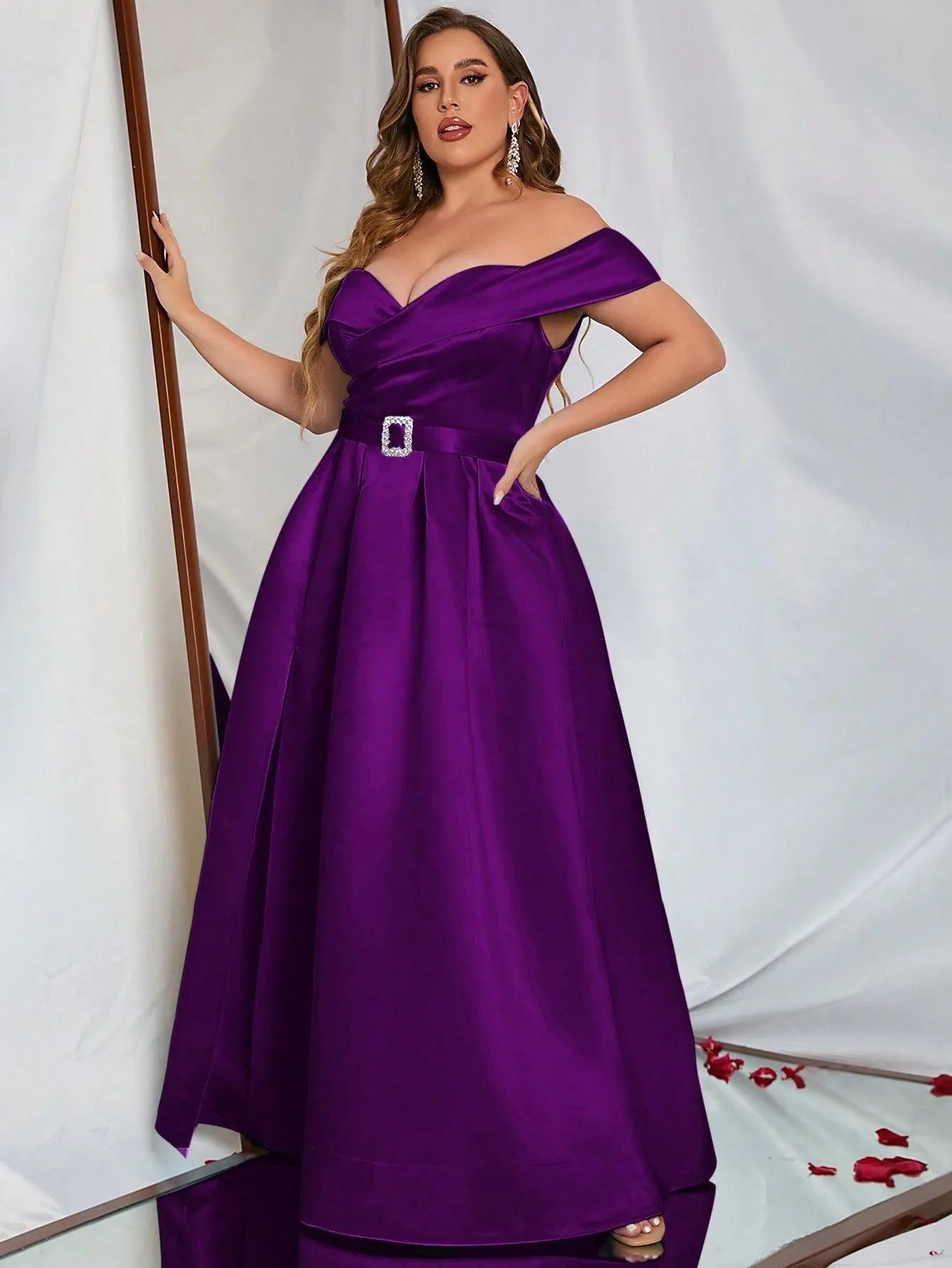 Plus Off Shoulder Buckle Belted Satin Ball Gown