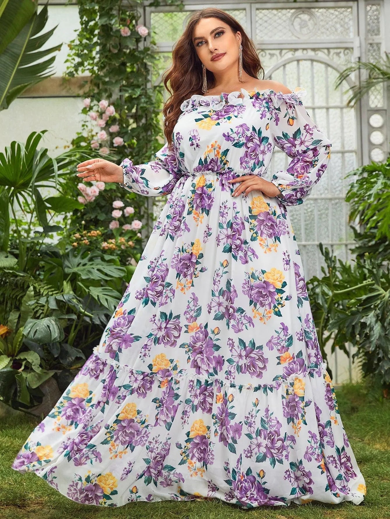 Plus Off Shoulder Long Sleeves Floral Chiffon Dress