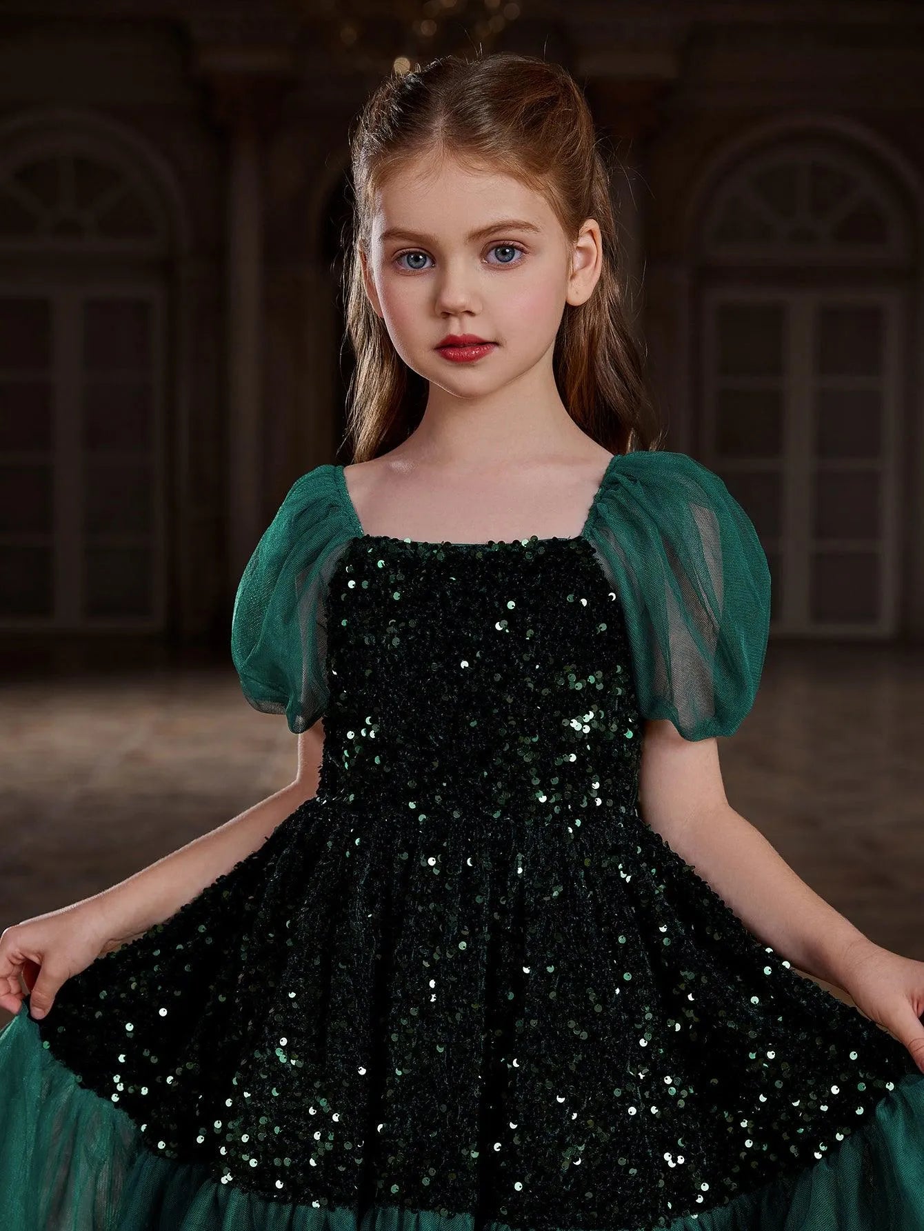 Tween Girls' Puff Sleeves Contrast Mesh Sequin Party Dress