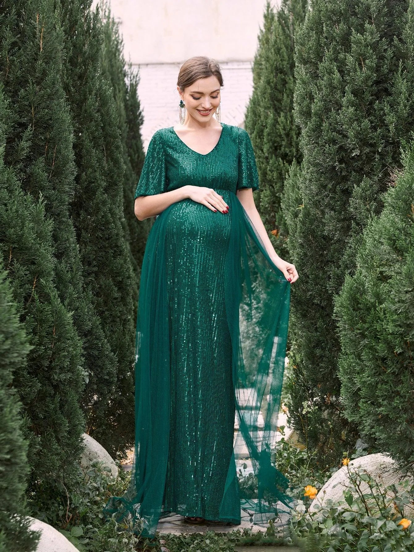 Maternity Mesh Overlay Puff Sleeves Sequin Prom Dress