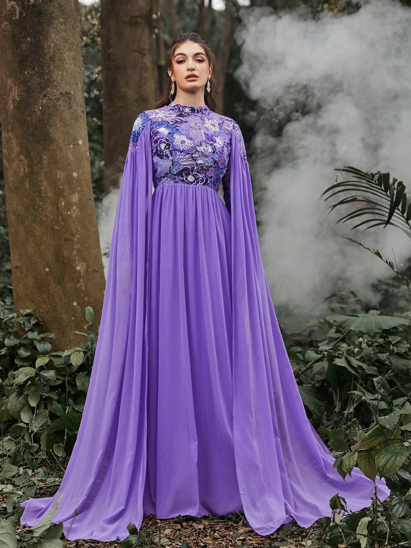 Mock Neck Cloak Sleeves Contrast Floral Sequin Prom Dress