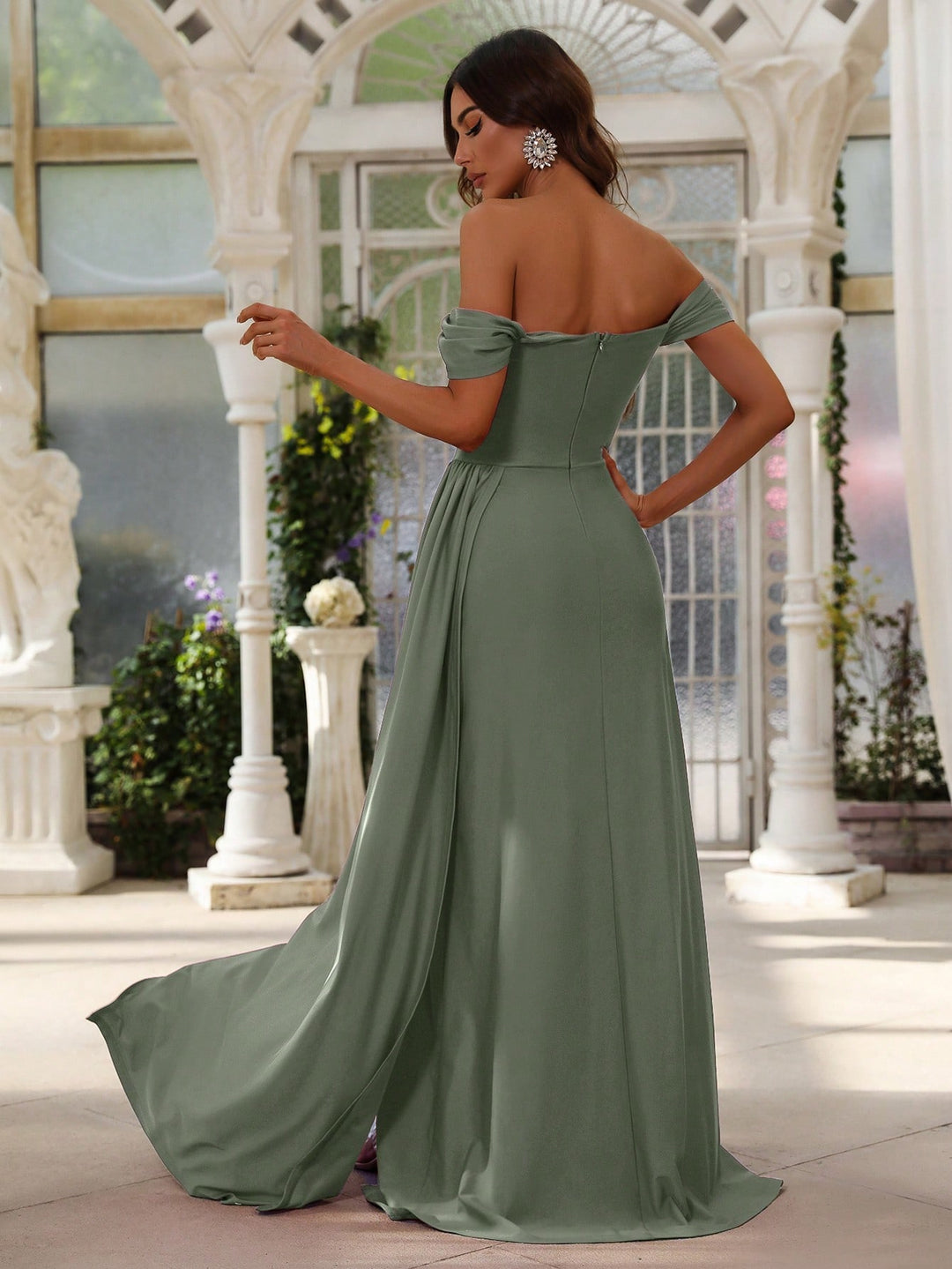 Elegant Off Shoulder Short Sleeve Satin Slit Dresses