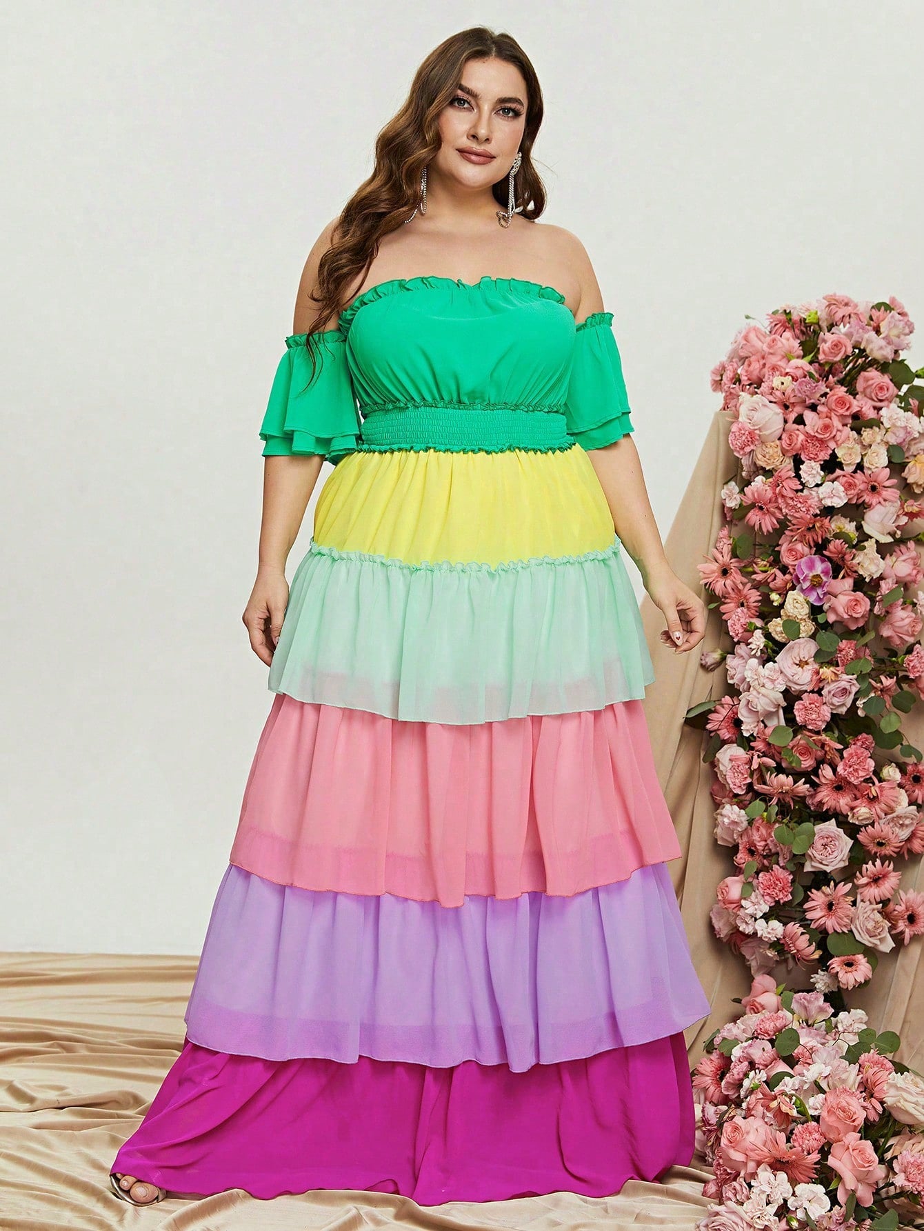 Plus Off Shoulder Ruffle Sleeve Color Block Chiffon Layered Dresses