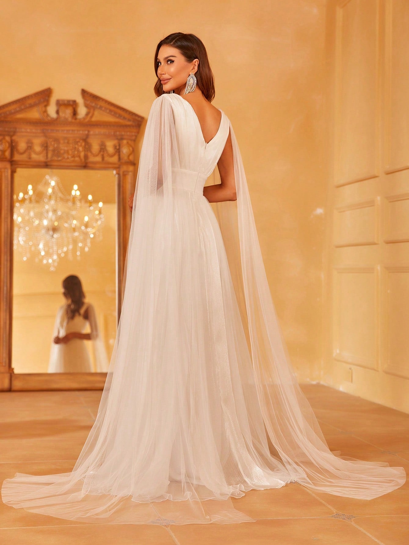 Plunging Neck A Line Wedding dress With Cape