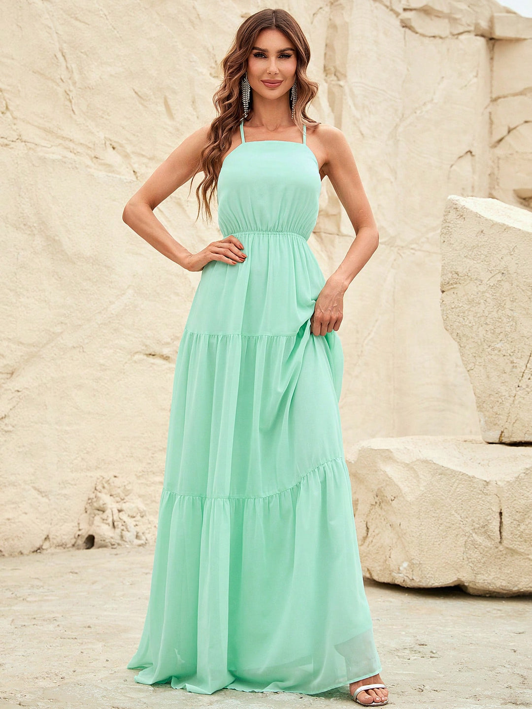 Back Lace Up Chiffon Tiered Maxi Dress