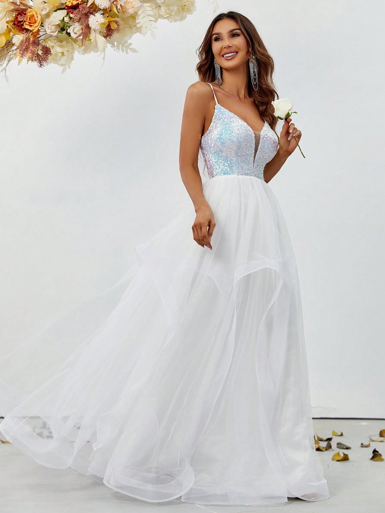 Sequin Bodice Contrast Mesh Hem Cami Wedding Dresses