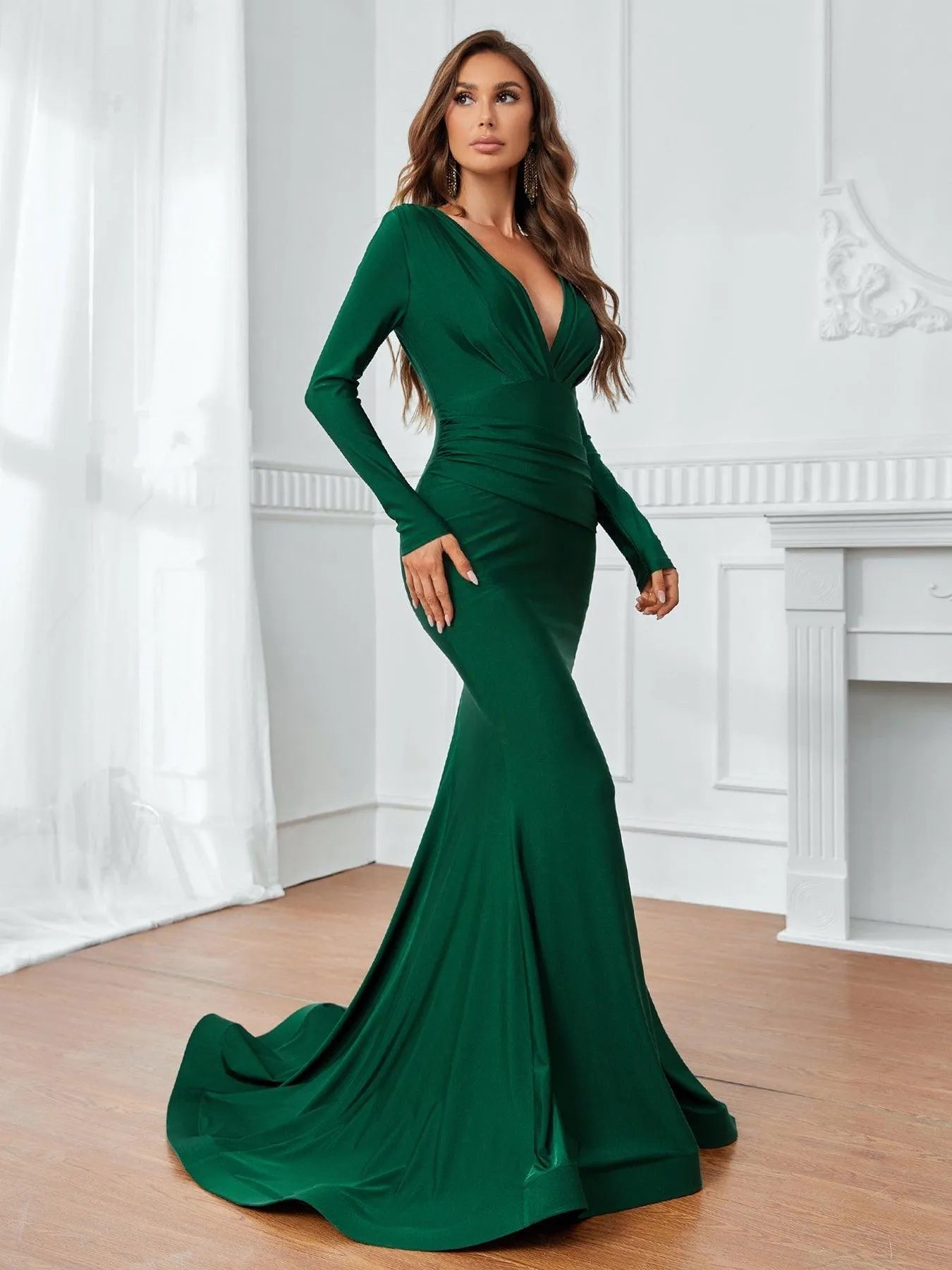 Plunging Neck Backless Mermaid Hem Formal Dress