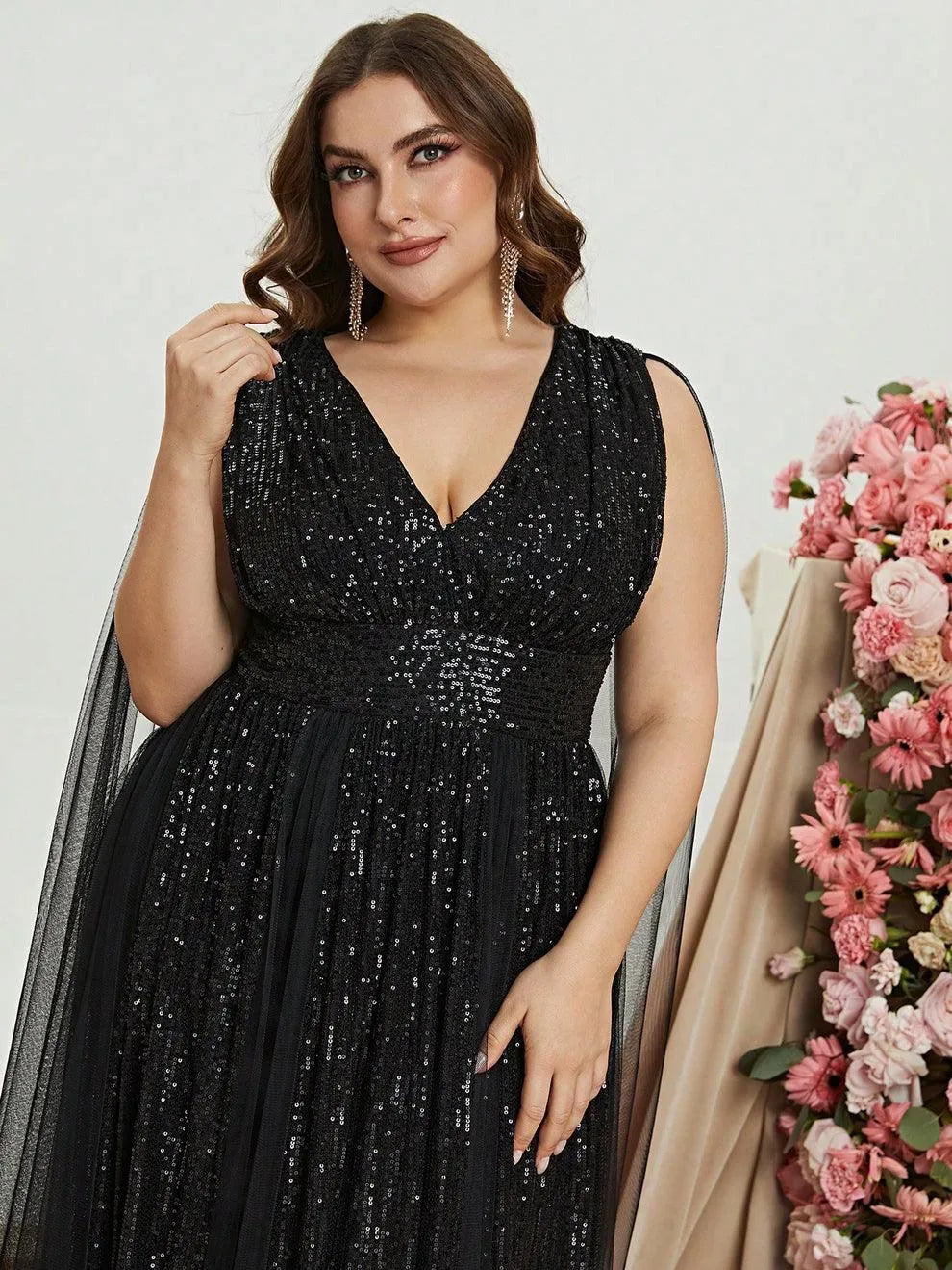 Plus Deep V Neck Sequin A Line Cape Dress