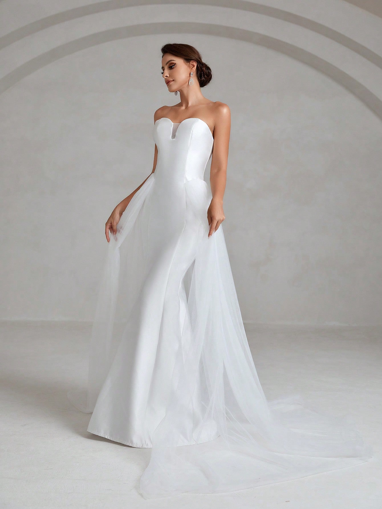 Mesh Overlay Satin Tube Wedding Dress