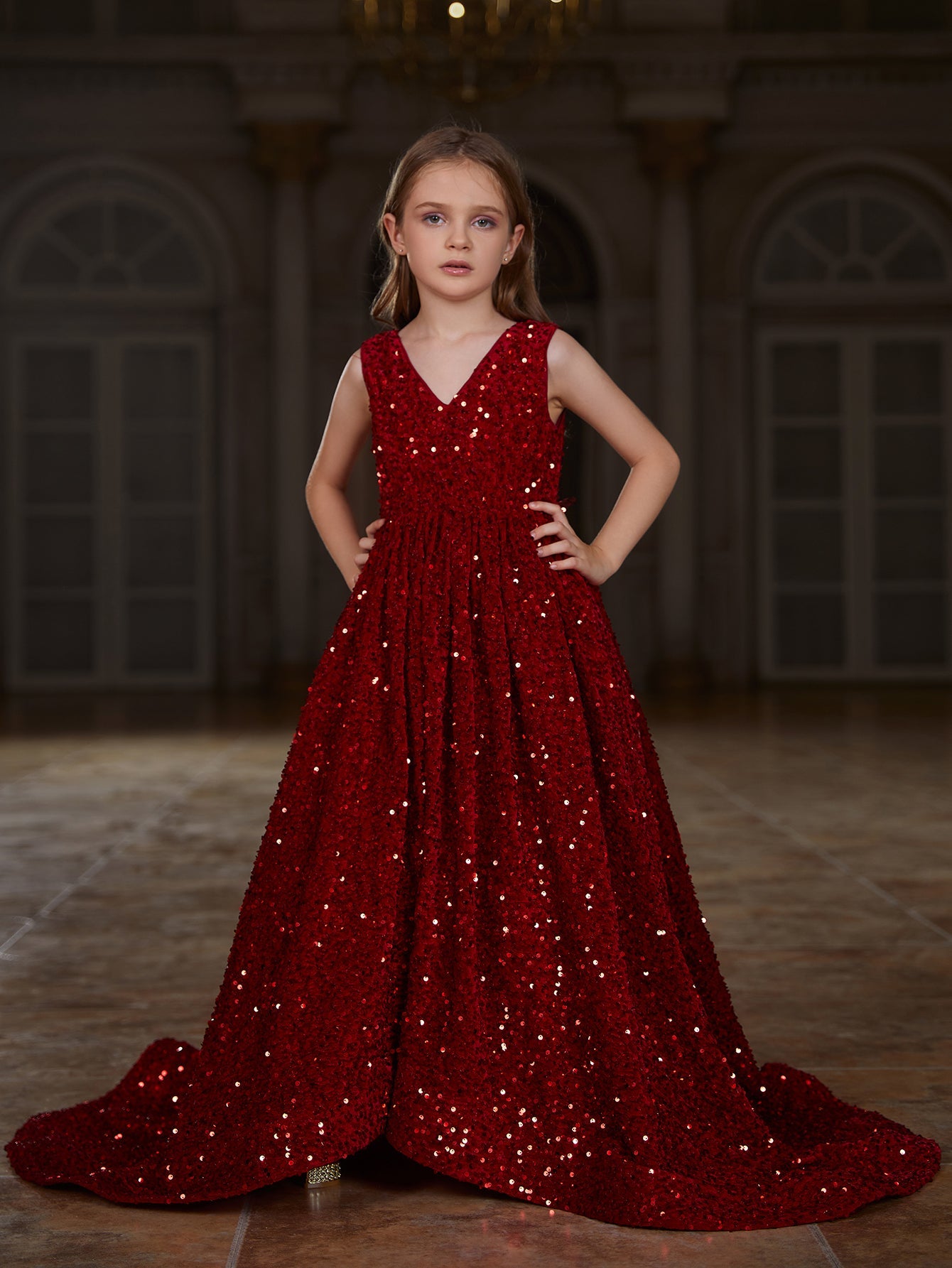 Girl's V Neck Sleeveless Sequin Tail Dress With Bow