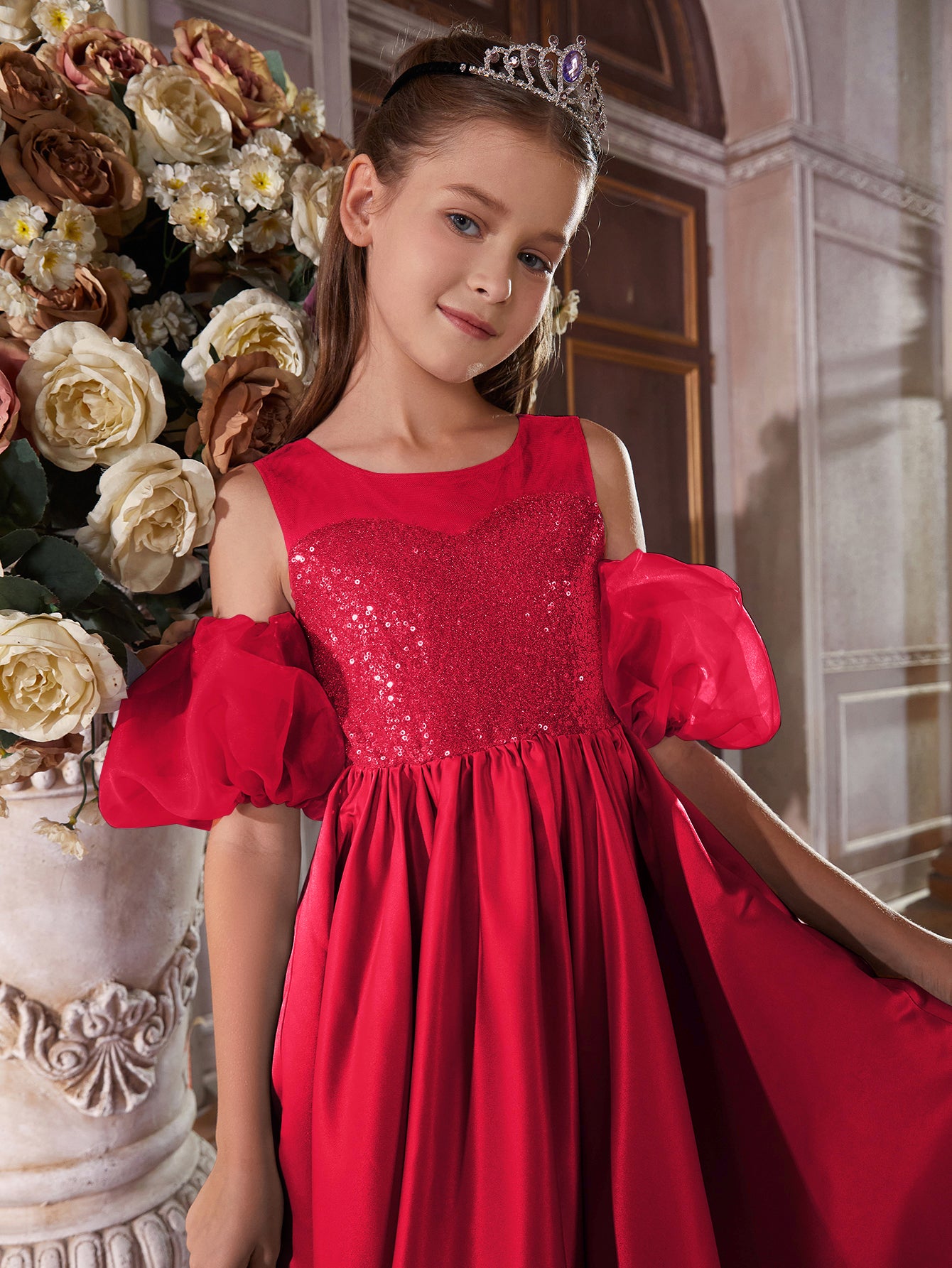 Girl's Puff Sleeve Sequin Contrast Satin Dress