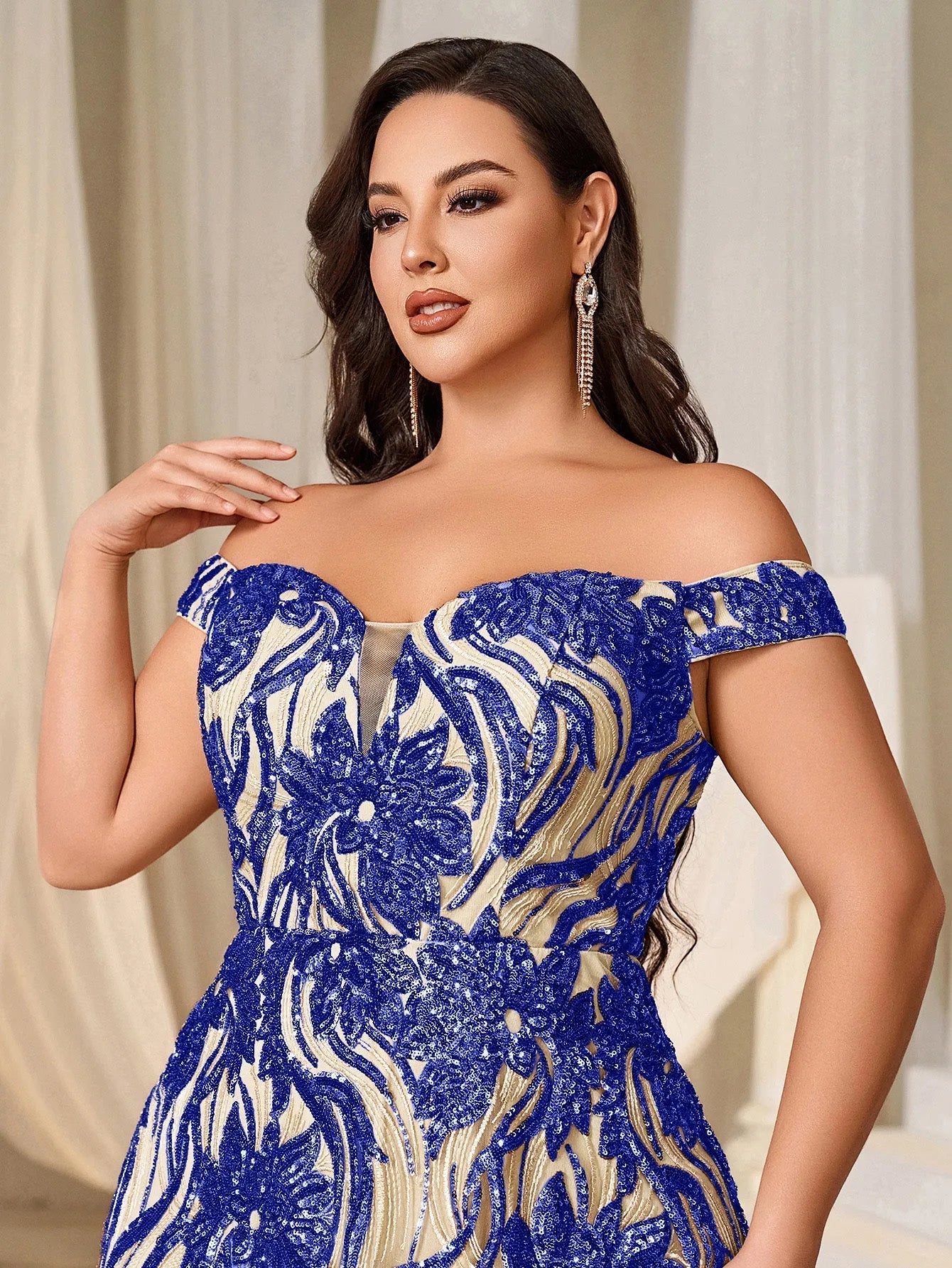 Plus Off Shoulder Graphic Sequin Formal Prom Dress