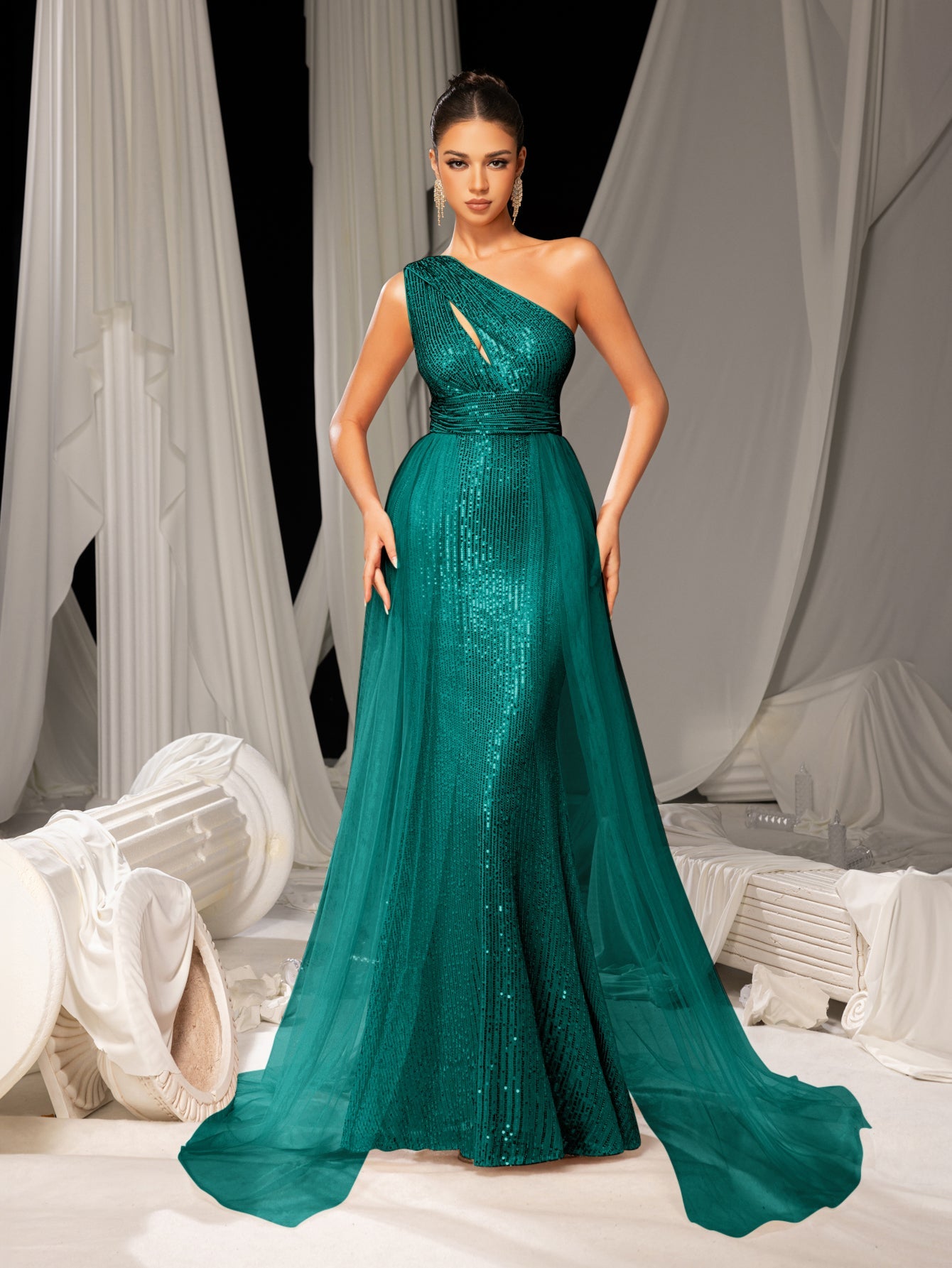 Elegant One Shoulder Sleeveless Mesh Overlay Sequin Formal Prom Dress