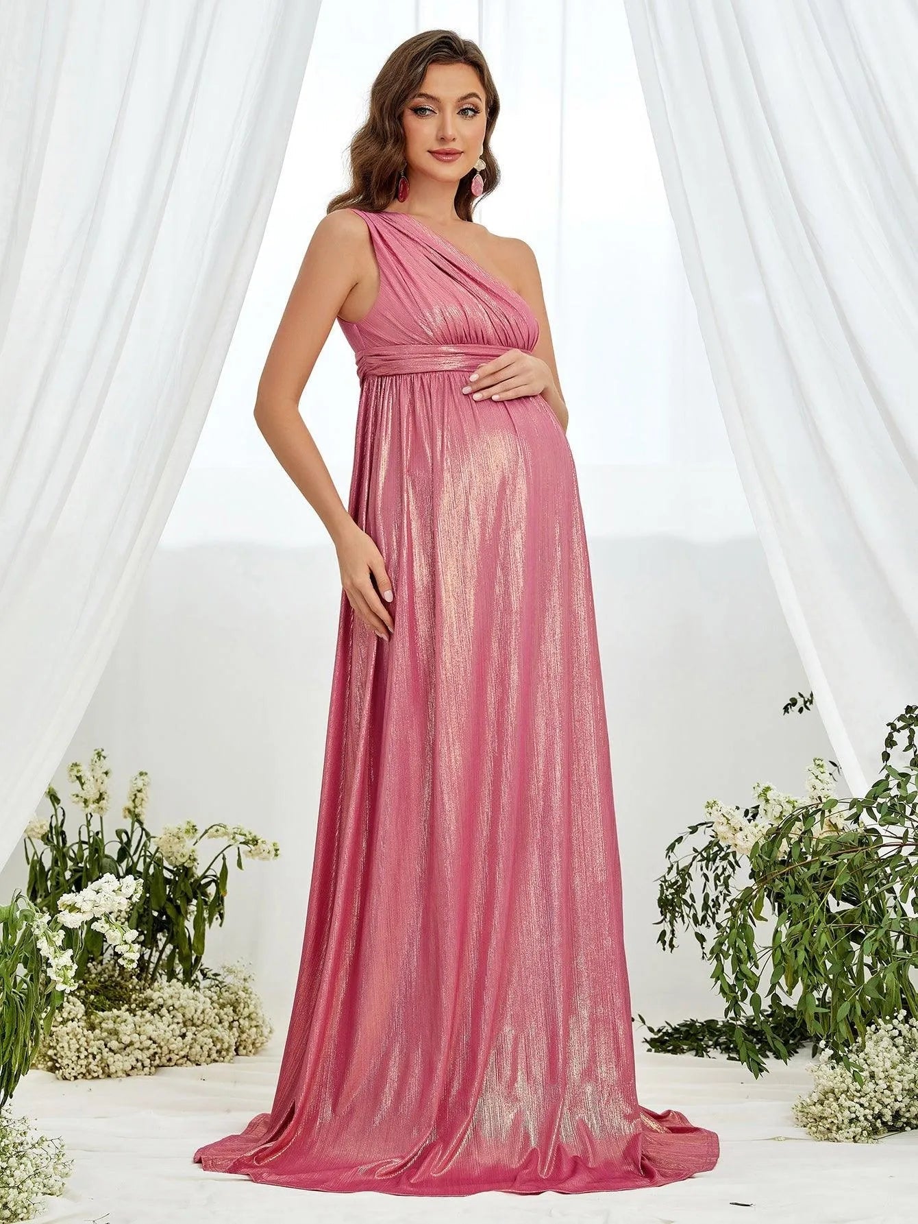 Maternity One Shoulder Sleeveless Metallic Party Dress