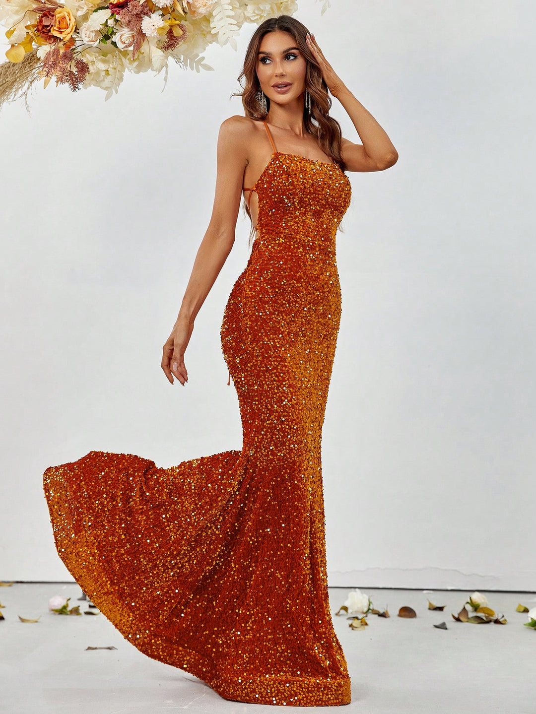 Spaghetti Strap Lace Up Back Sequin Mermaid Dress