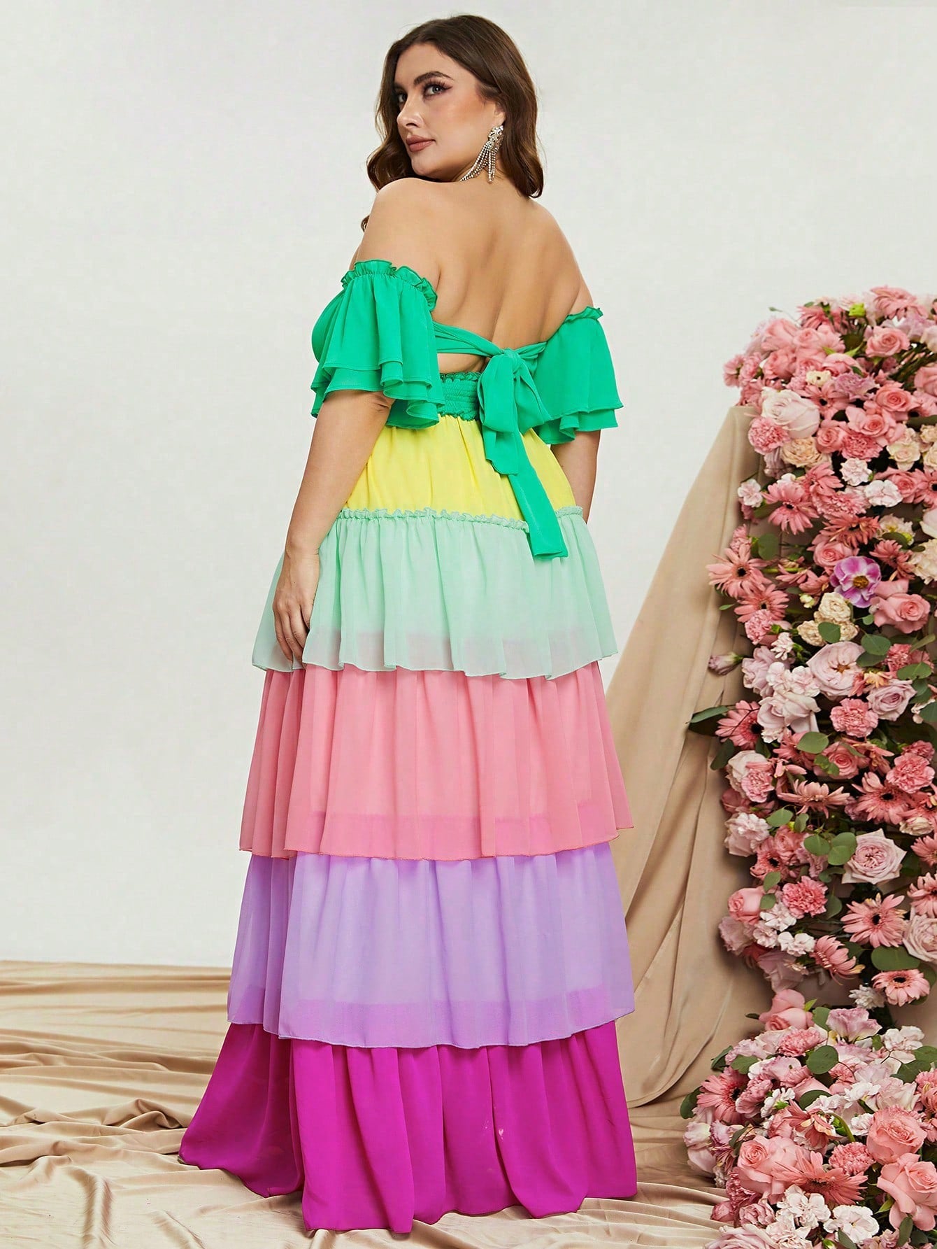 Plus Off Shoulder Ruffle Sleeve Color Block Chiffon Layered Dresses