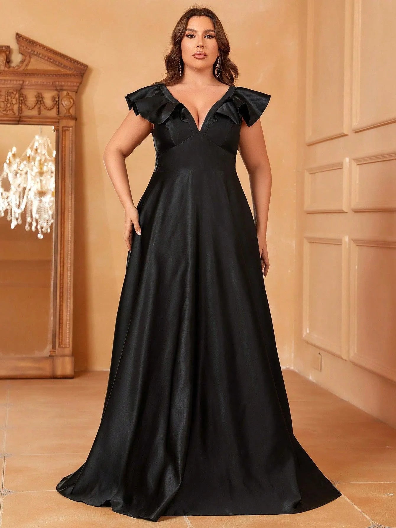 Plus Ruffle Trim Deep V Neck Satin Formal Dress