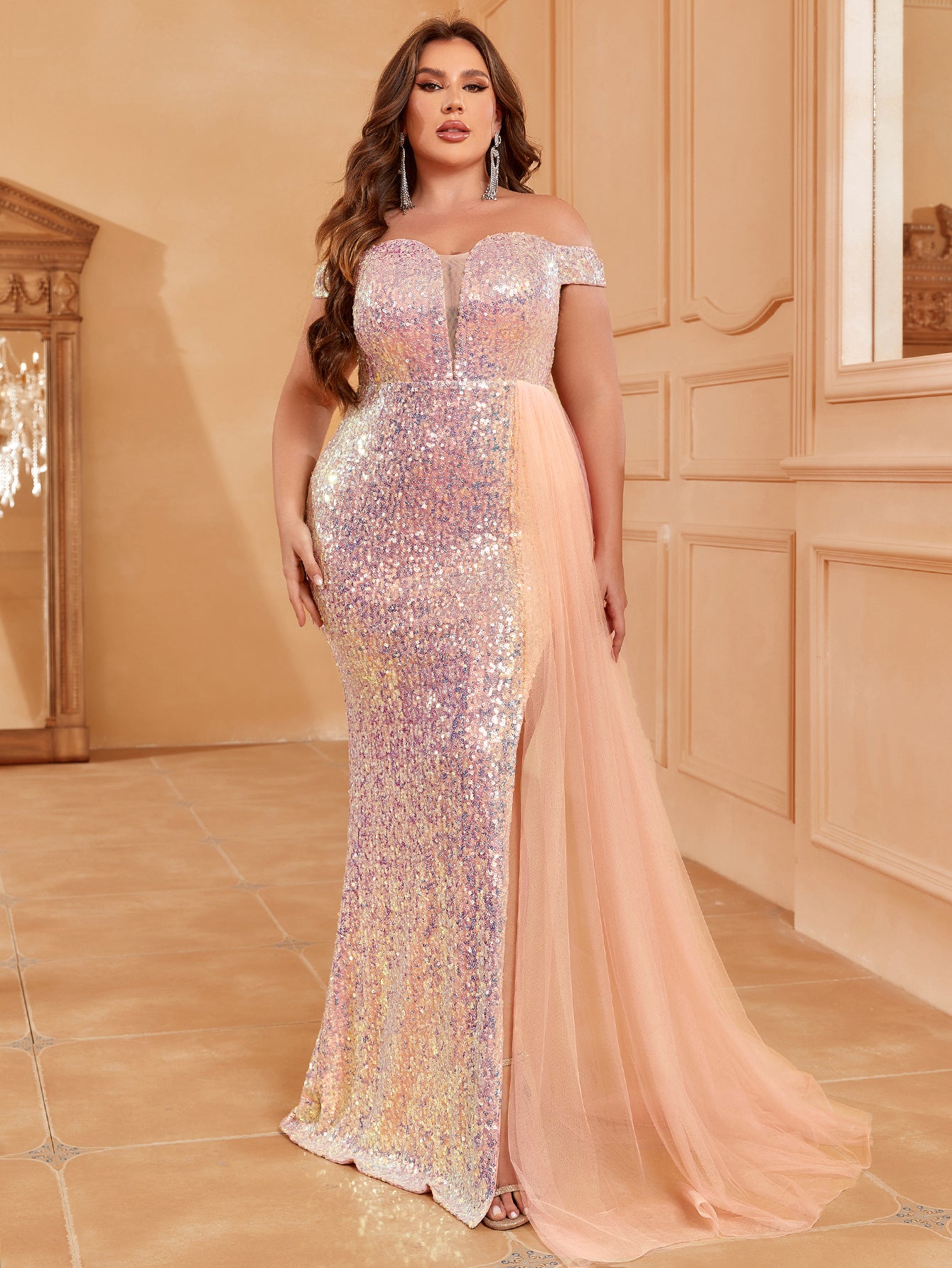 Plus Off Shoulder Draped Side Split Thigh Sequin Dress