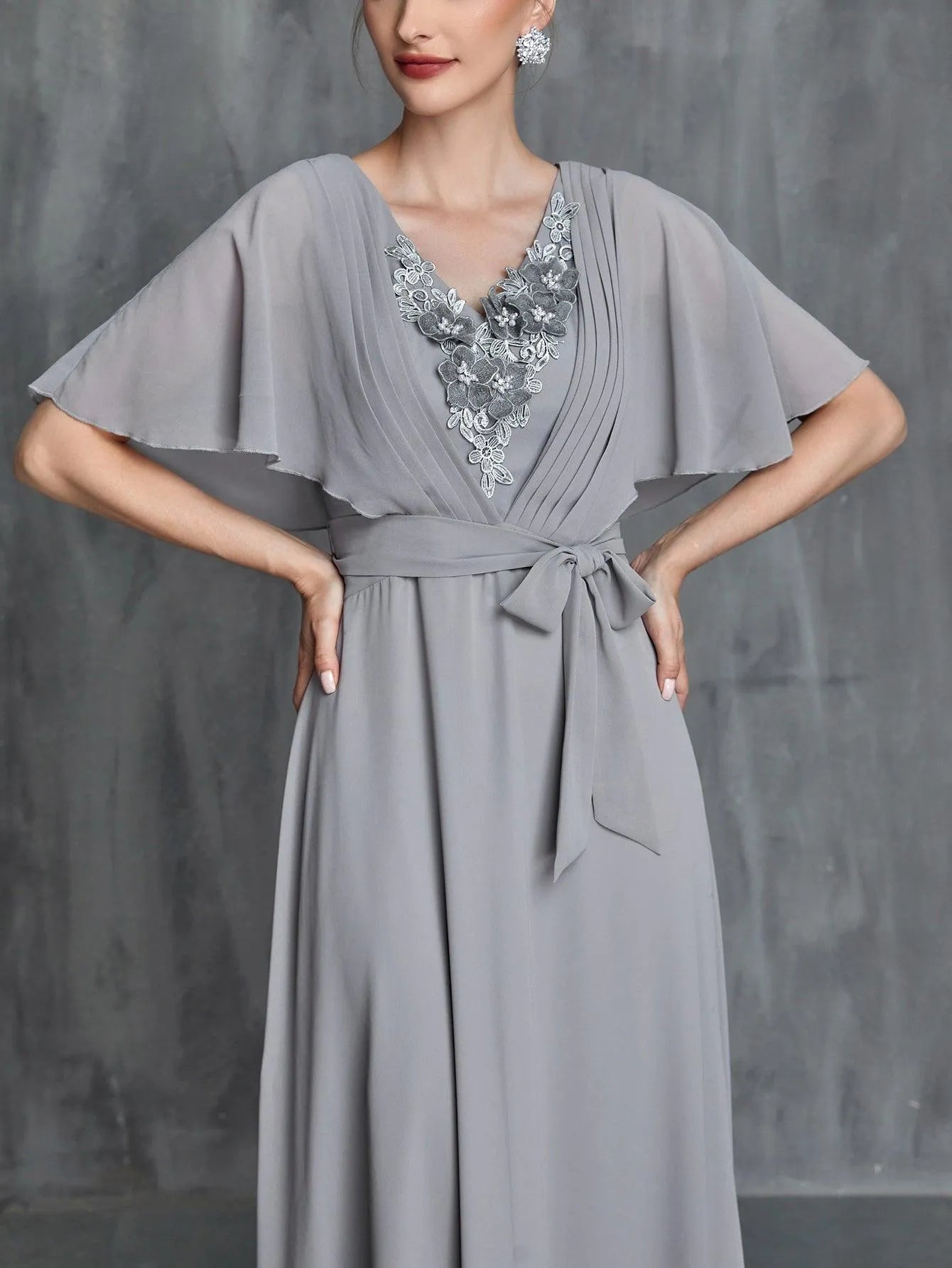 Womens' Applique Detail Butterfly Sleeves Chiffon Belted Dress