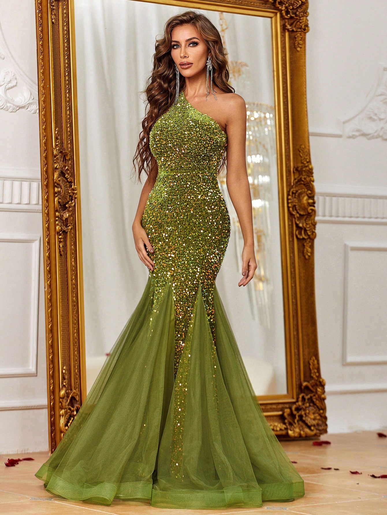 Elegant One Shoulder Sleeveless Mesh Insert Sequin Mermaid Dress