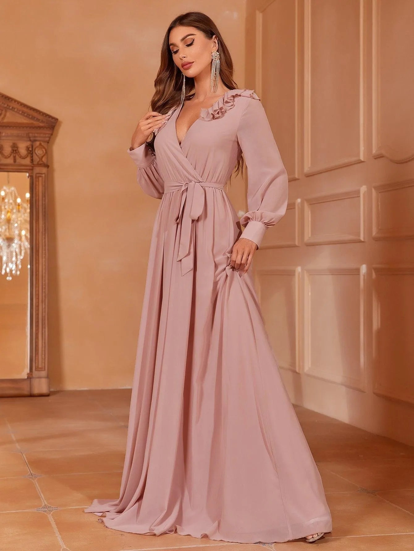 Solid Bishop Sleeves Chiffon Belted Dress