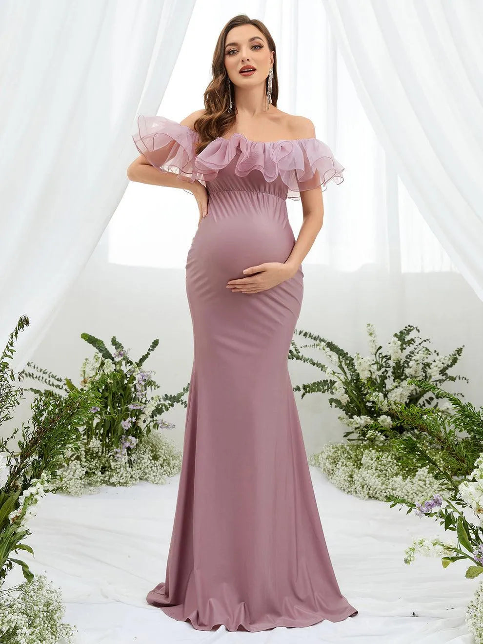 Maternity Ruffle Trim Off Shoulder Mermaid Hem Party Dress