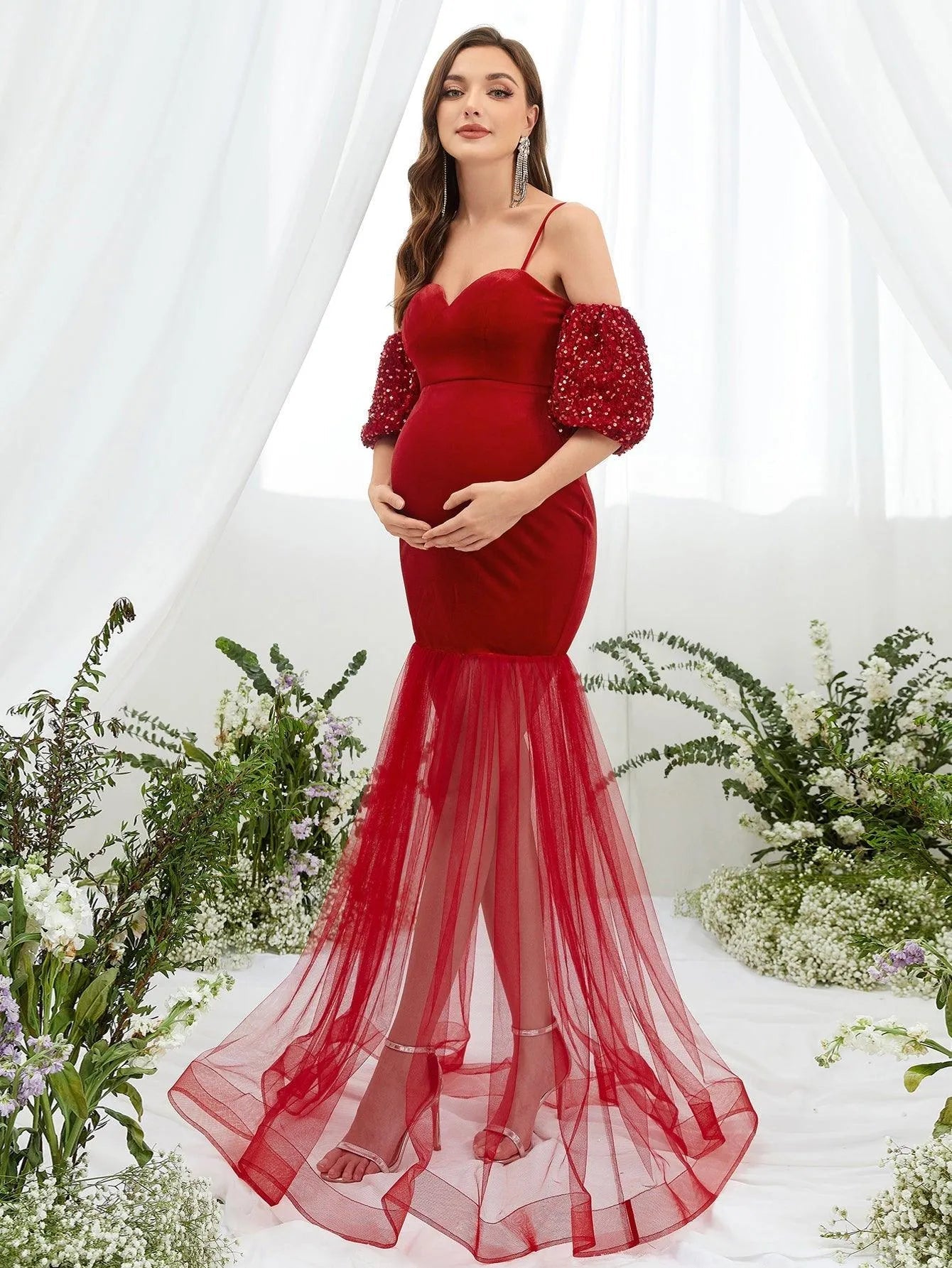 Maternity Puff Sleeve Mermaid Hem Velvet Cami Dress