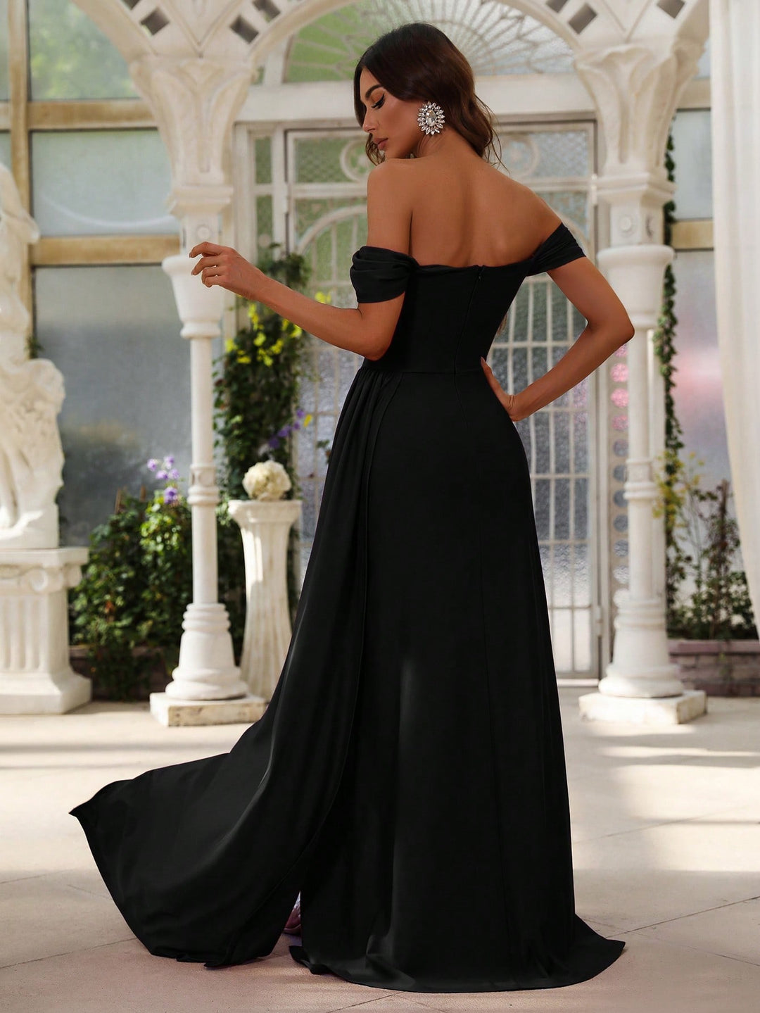 Elegant Off Shoulder Short Sleeve Satin Slit Dresses