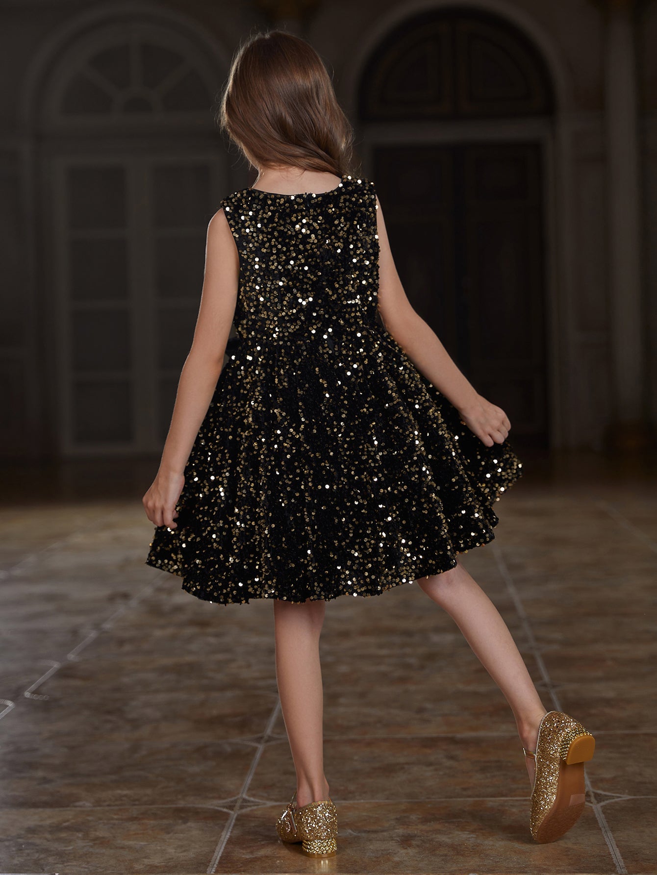 Girl's Cute Sleeveless Bow Front Sequin A Line Dress