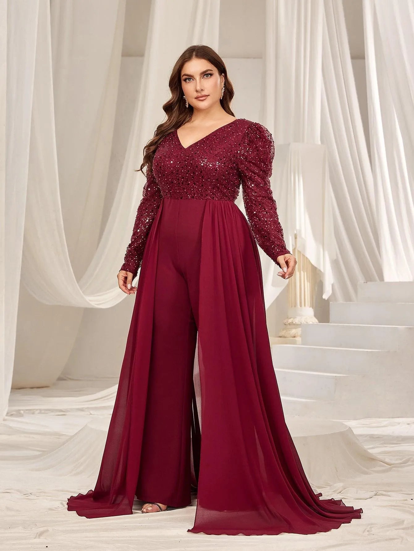 Plus V Neck Gigot Sleeves Sequin Prom Jumpsuit