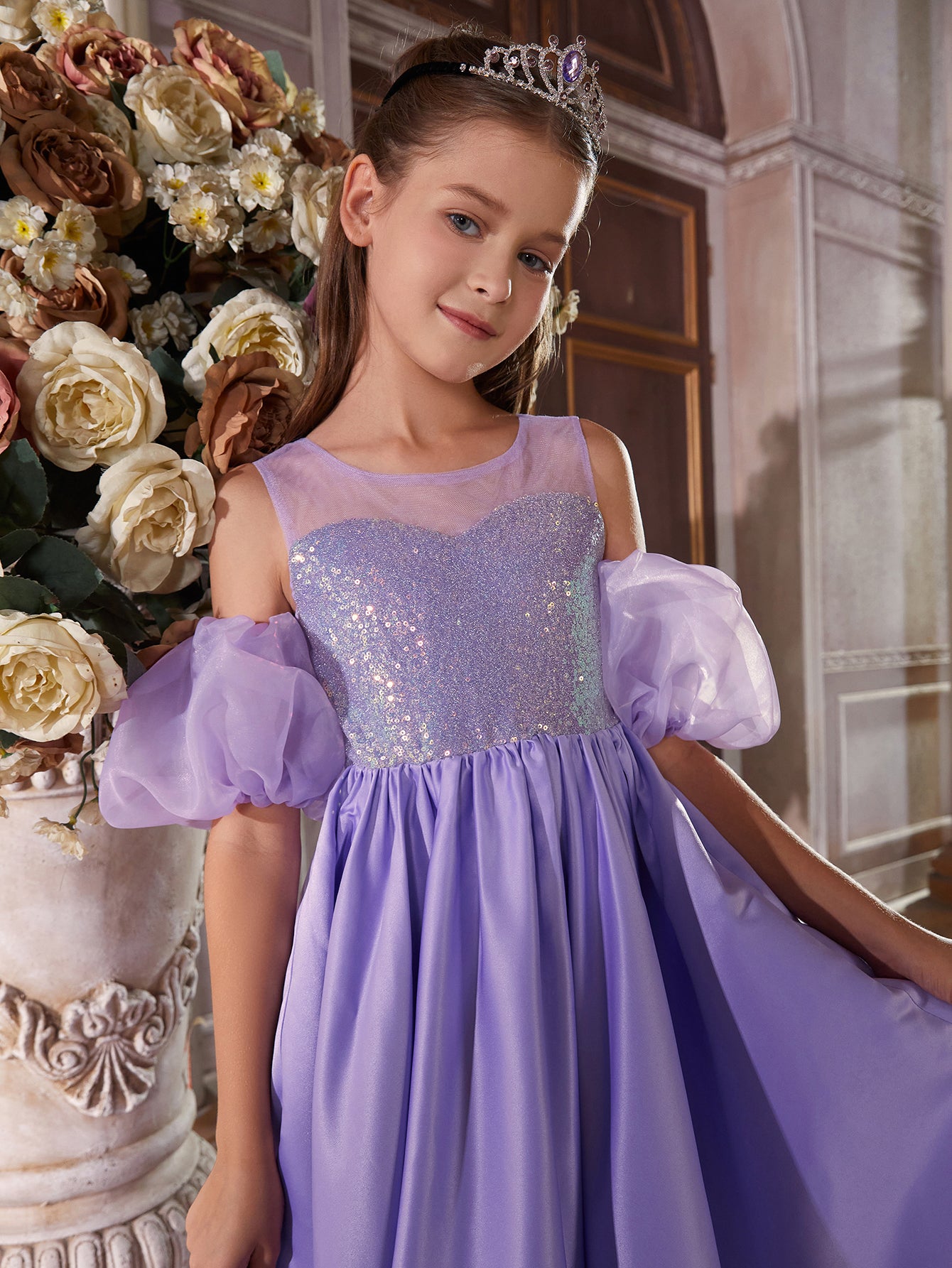 Girl's Puff Sleeve Sequin Contrast Satin Dress