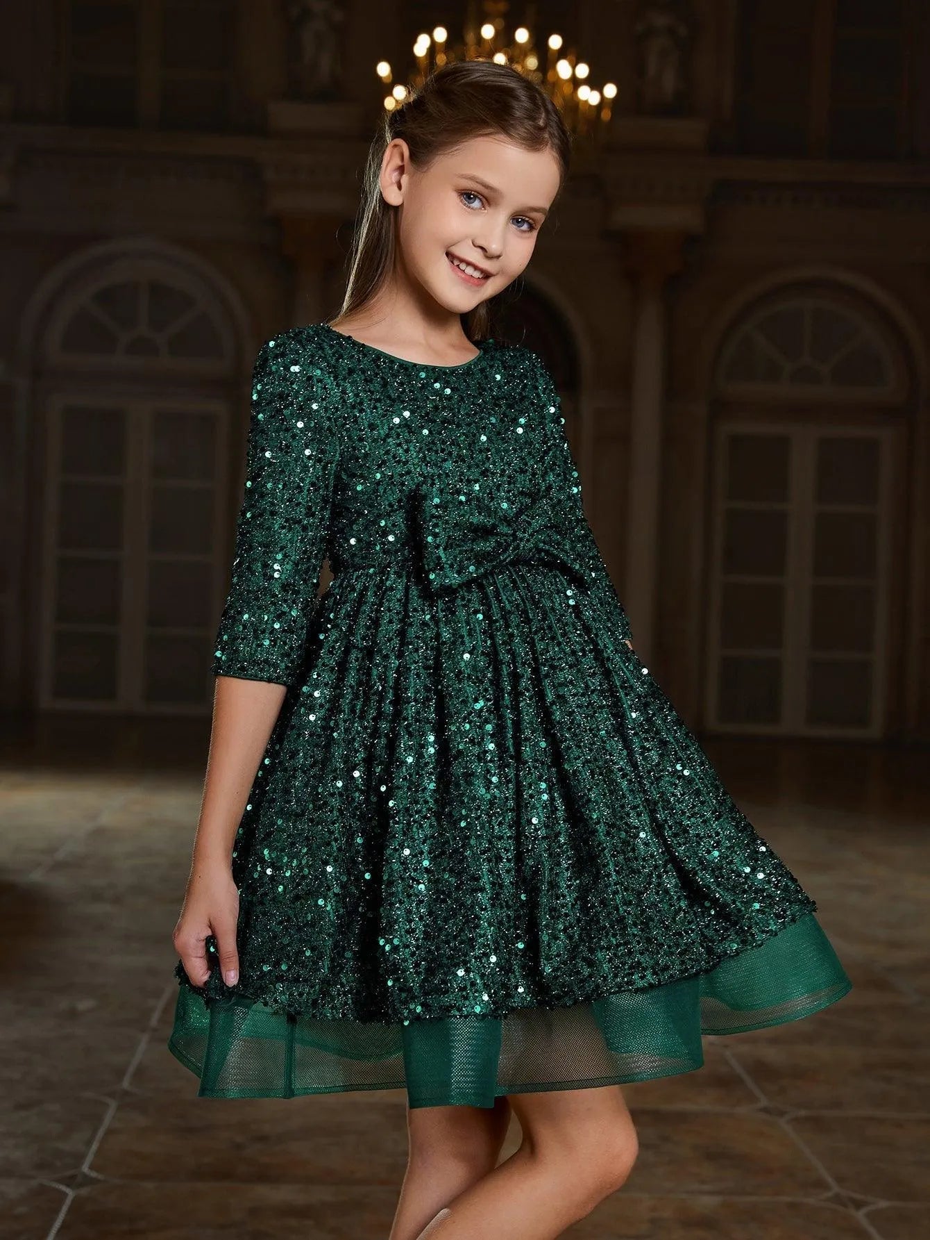 Tween Girls' Bow Detail 3/4 Sleeve Sequin Party Dress