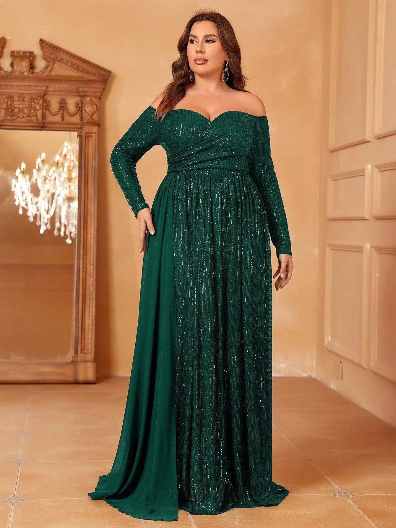 Plus Off Shoulder Draped Side Sequin Formal Dresses