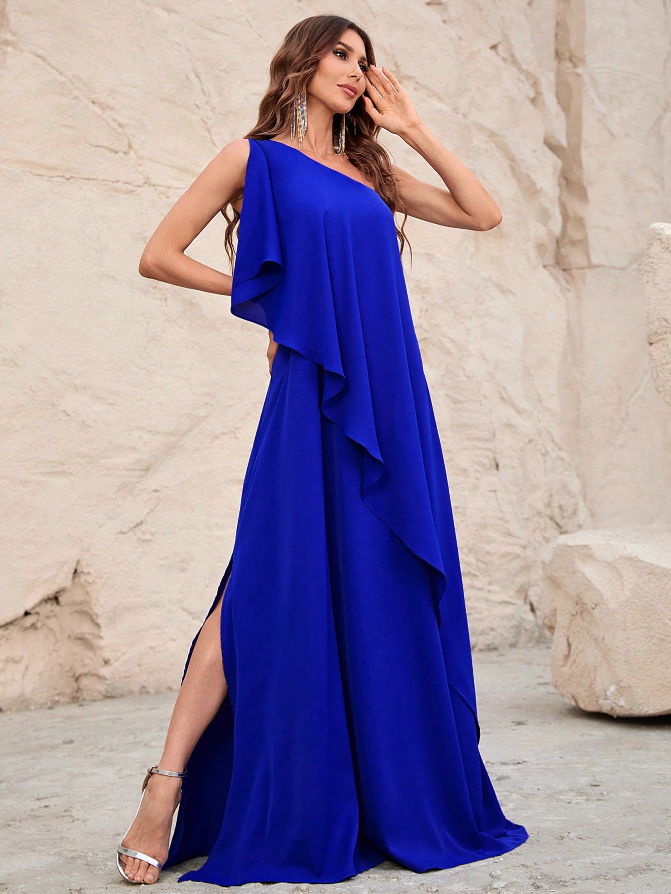 One Shoulder Sleeveless Ruffle Trim Chiffon Dress