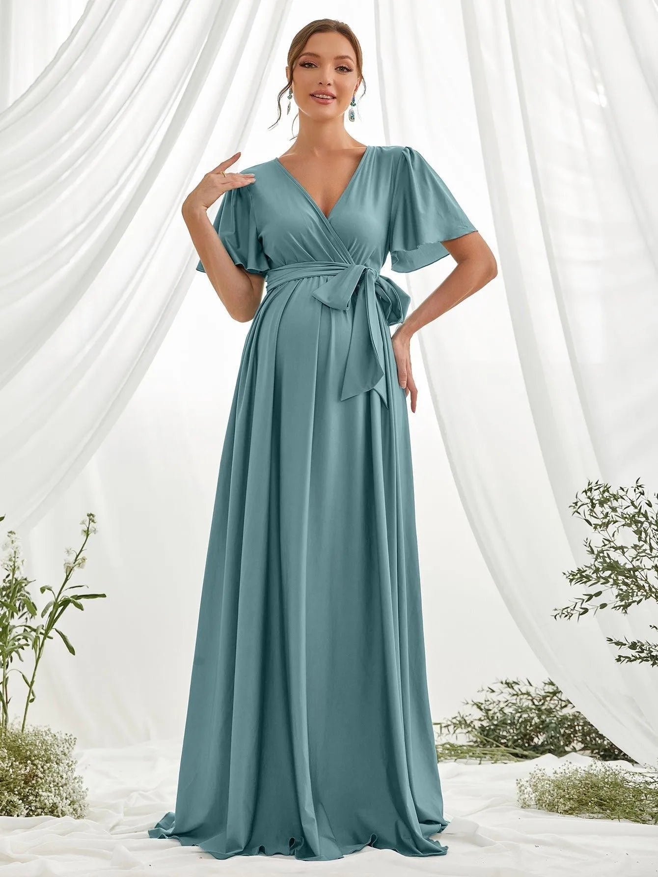 Maternity Surplice Neck Butterfly Sleeve Belted Dress