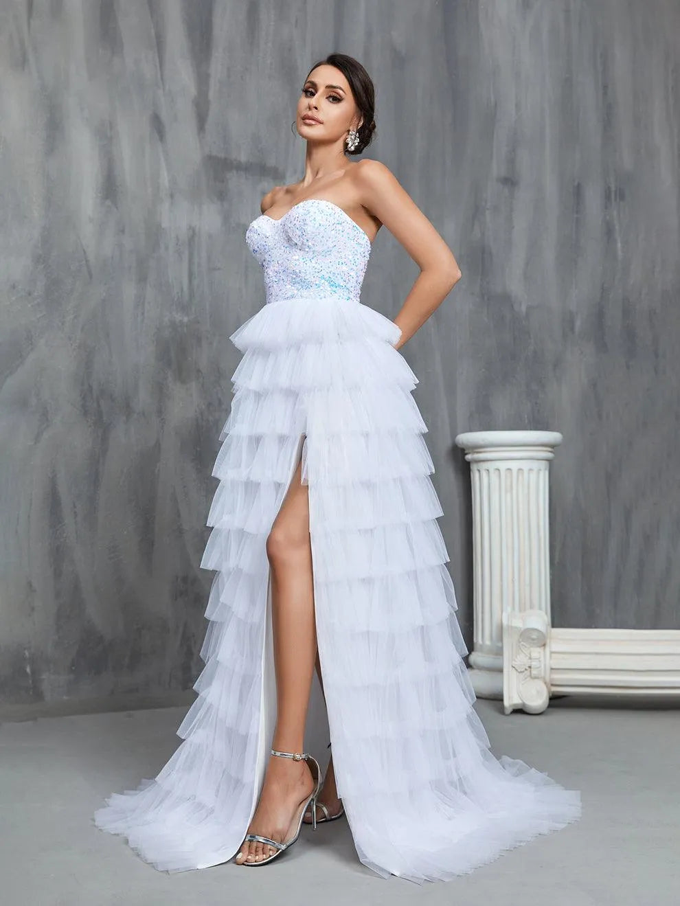 Sequin Bodice Contrast Cascading Ruffle Wedding Dresses