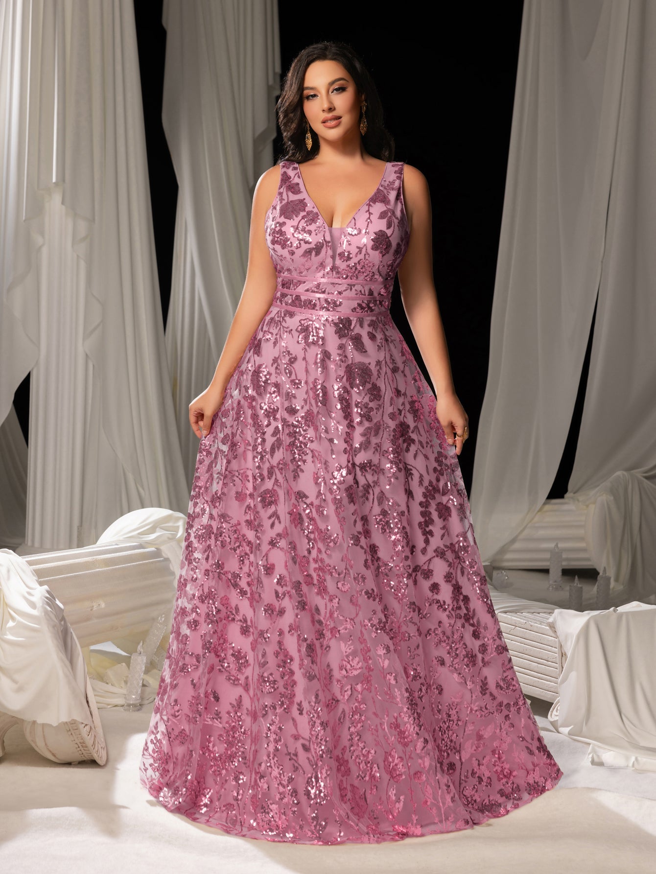 Plus Plunging Meck Backless Floral Sequin Prom Dress